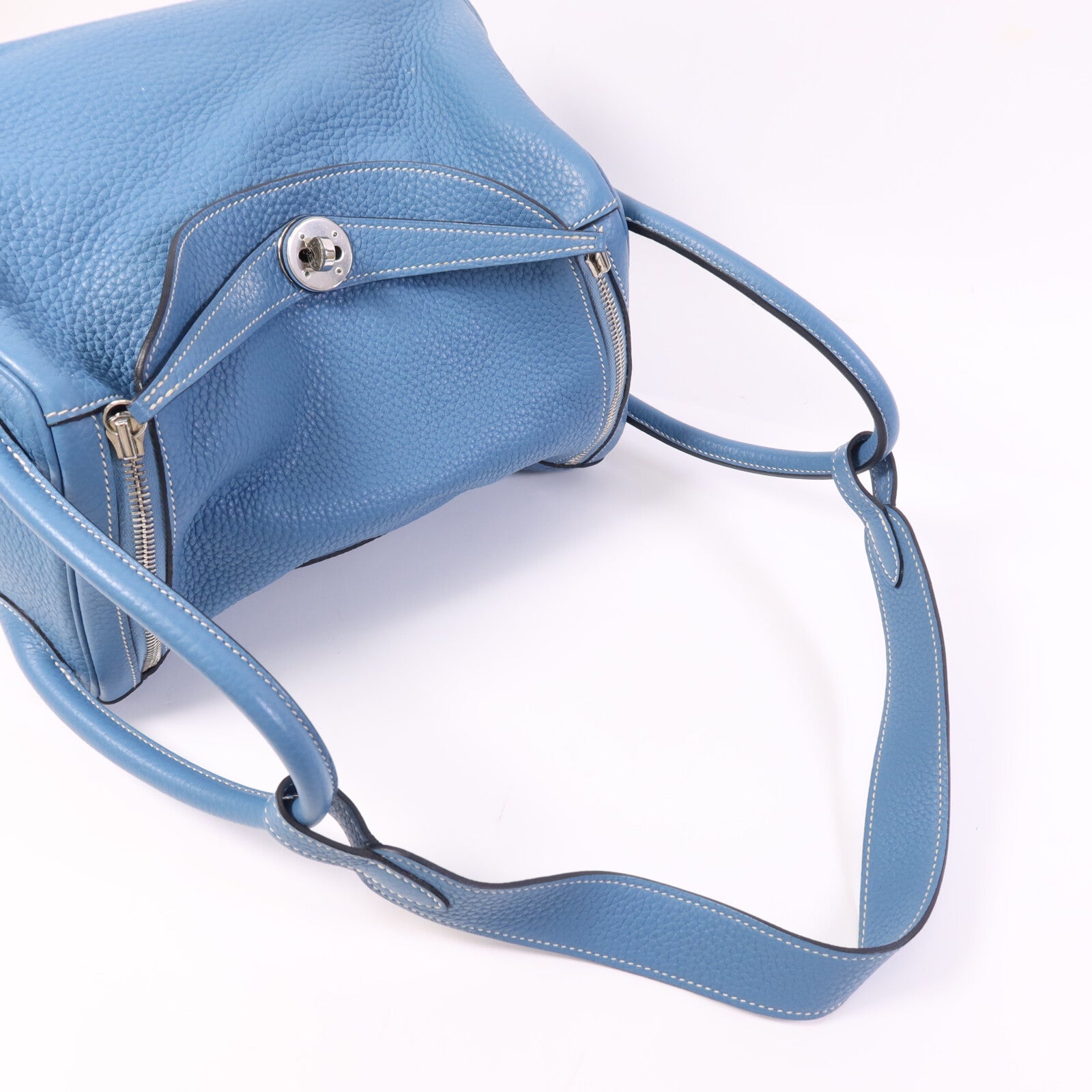 HERMES Clemence皮革Lindy 30銀扣手挽肩背兩用袋Bleu Jean