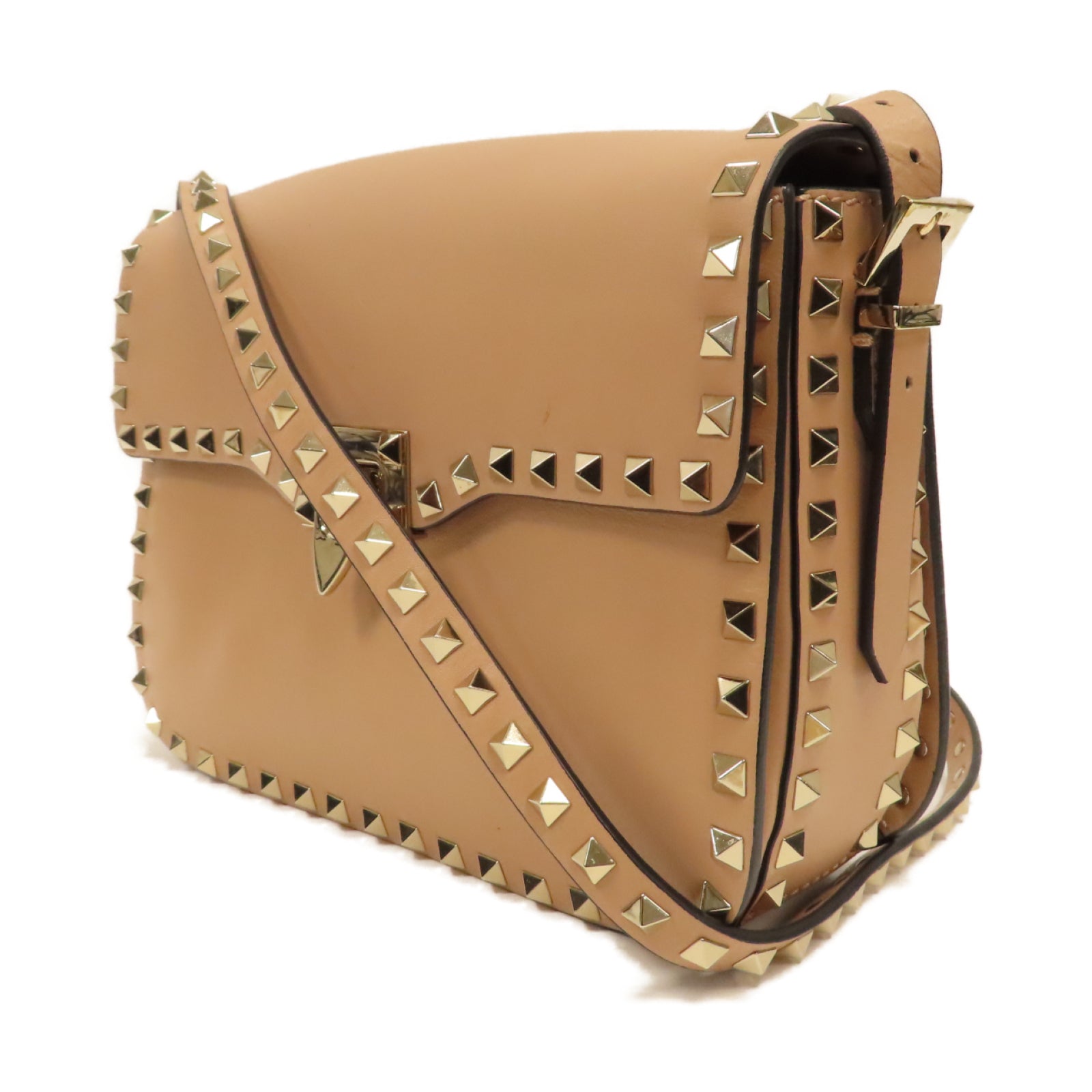 Valentino 窩釘羊皮皮革Shoulder Bag金扣肩背袋杏色