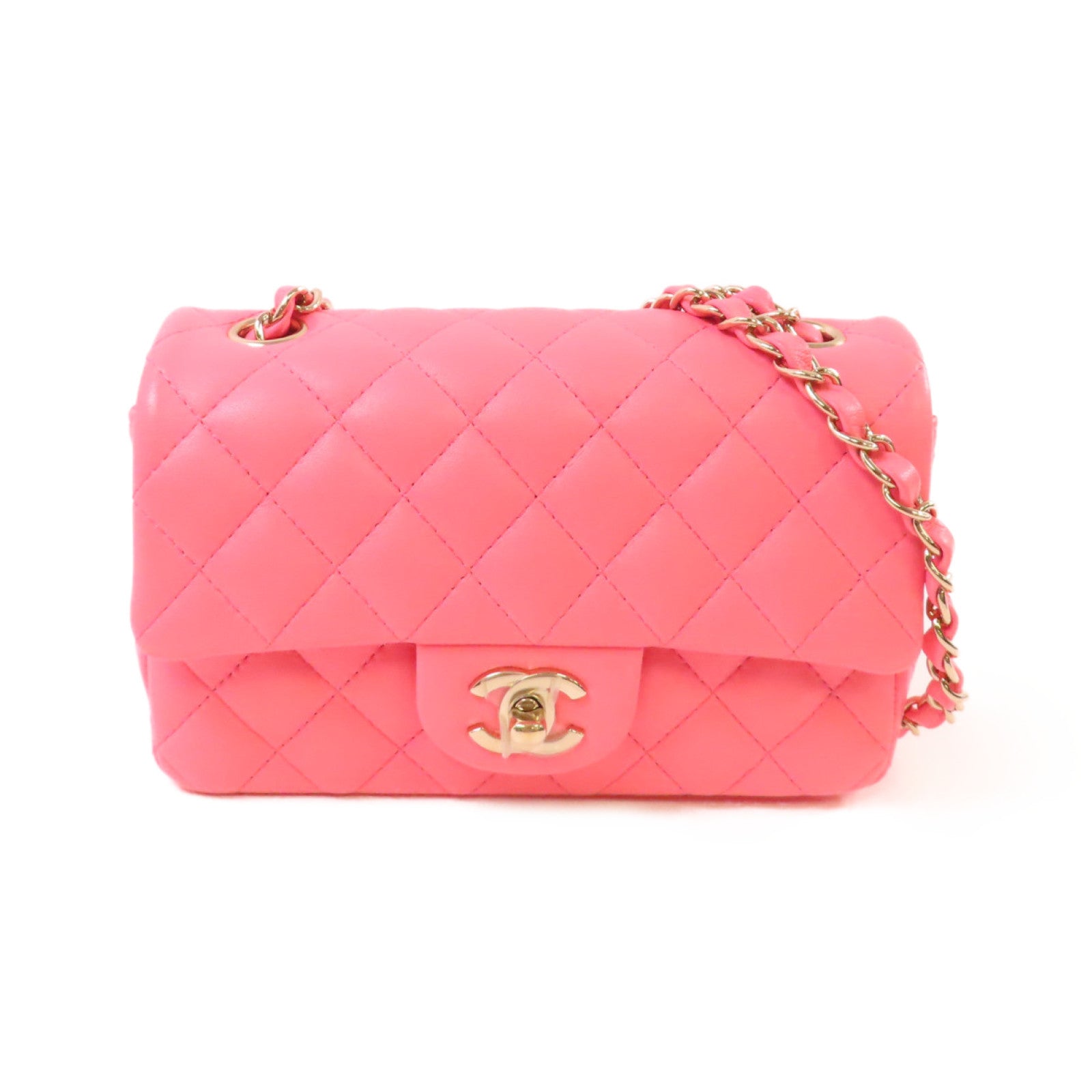 CHANEL 菱格羊皮皮革Classic Flap 20cm Chain Shoulder Bag金扣鏈帶肩背袋粉紅色