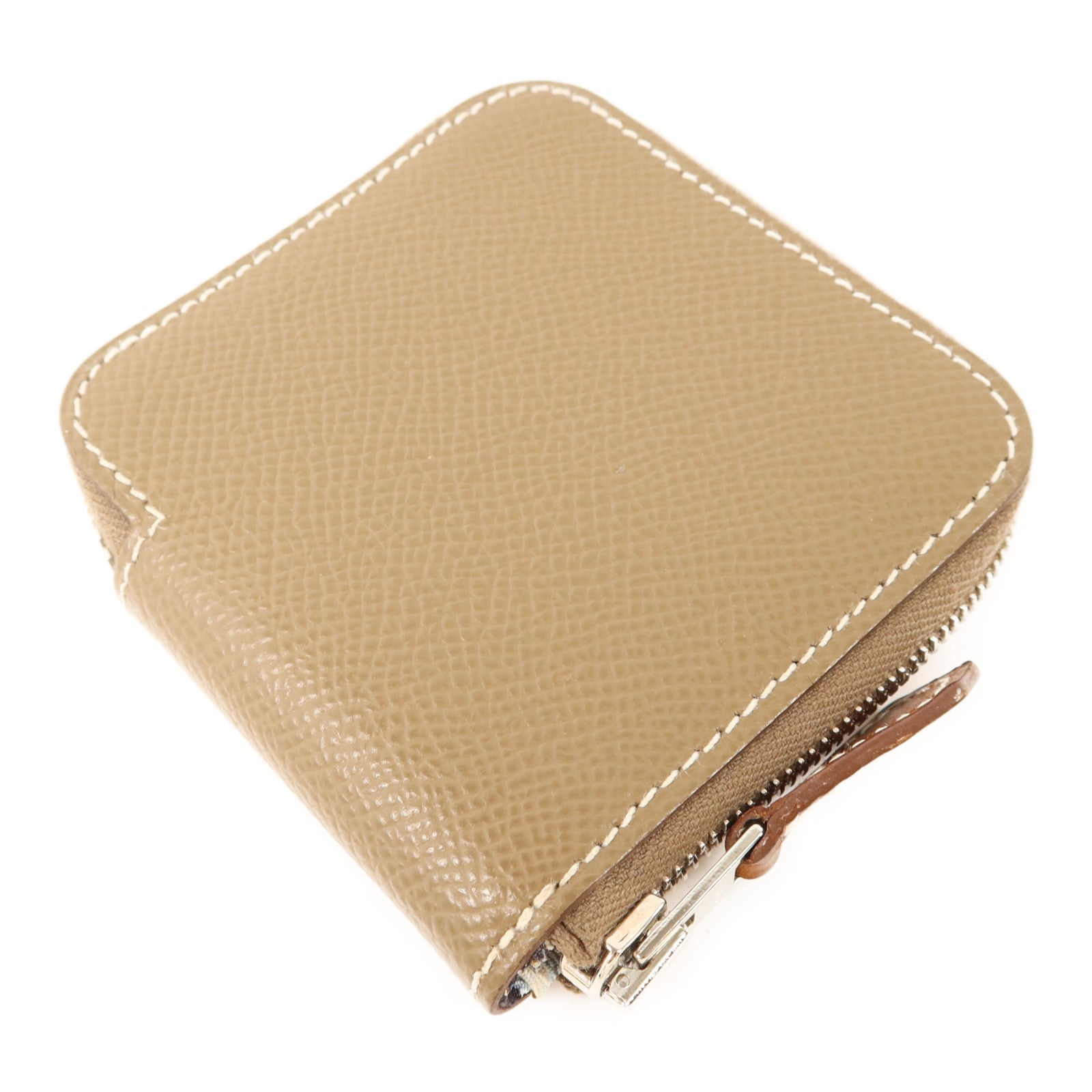 HERMES Epsom皮革Silk In Compact銀扣零錢包Etoupe
