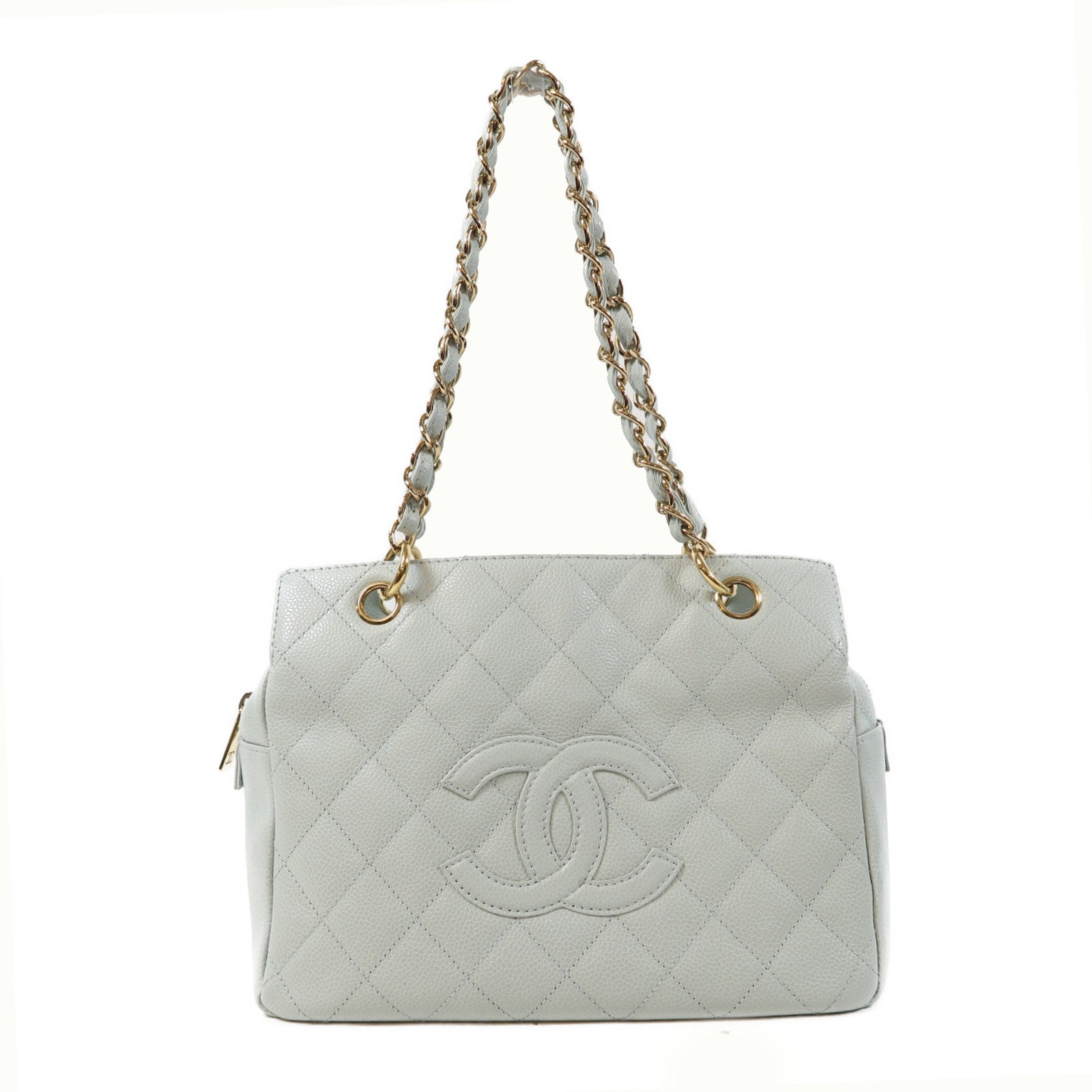 CHANEL 菱格Caviar皮革Vintage Shoulder Bag金扣鏈帶肩背袋淺藍色