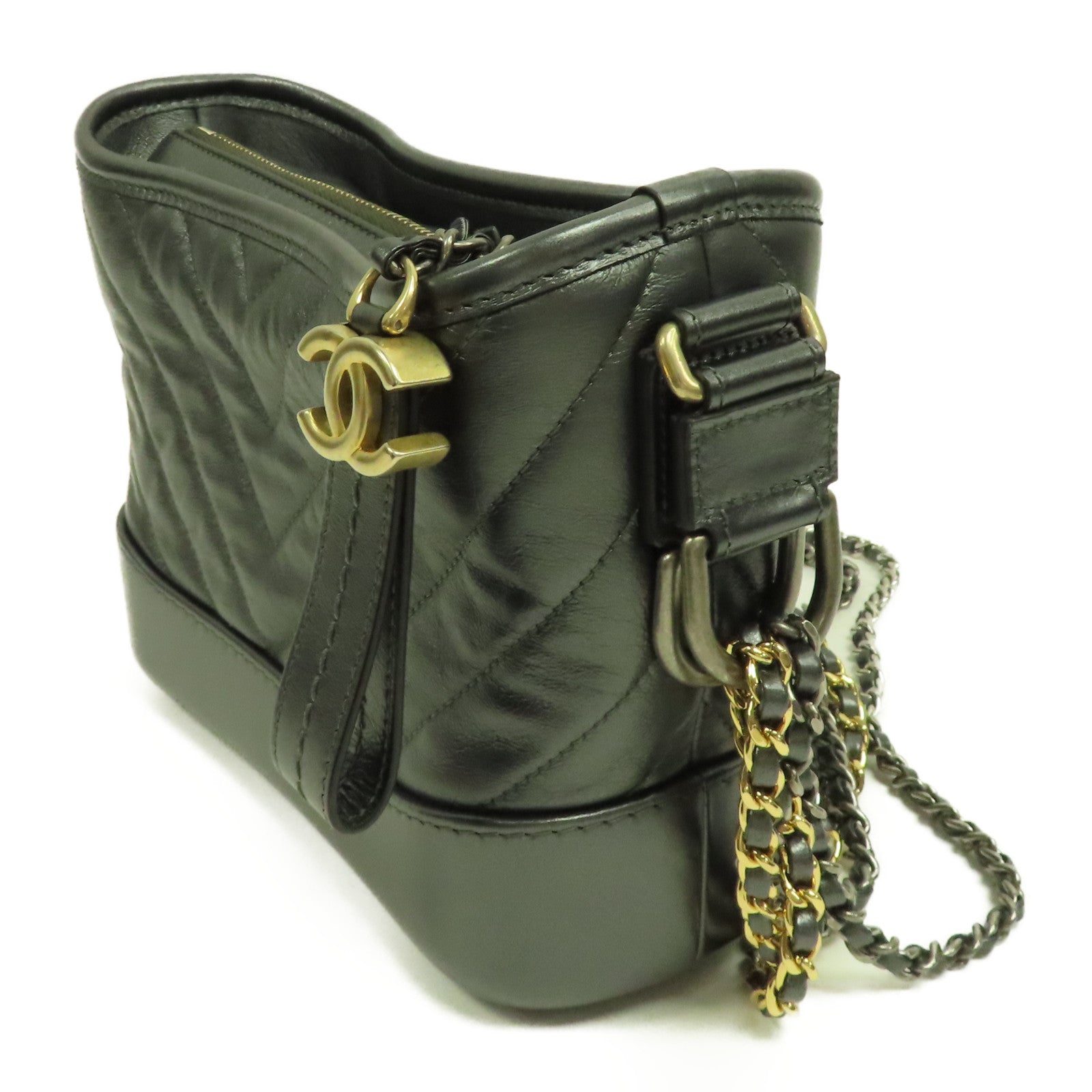 CHANEL 斜紋牛皮皮革Gabrielle Bag金/銀扣鏈帶肩背袋灰色
