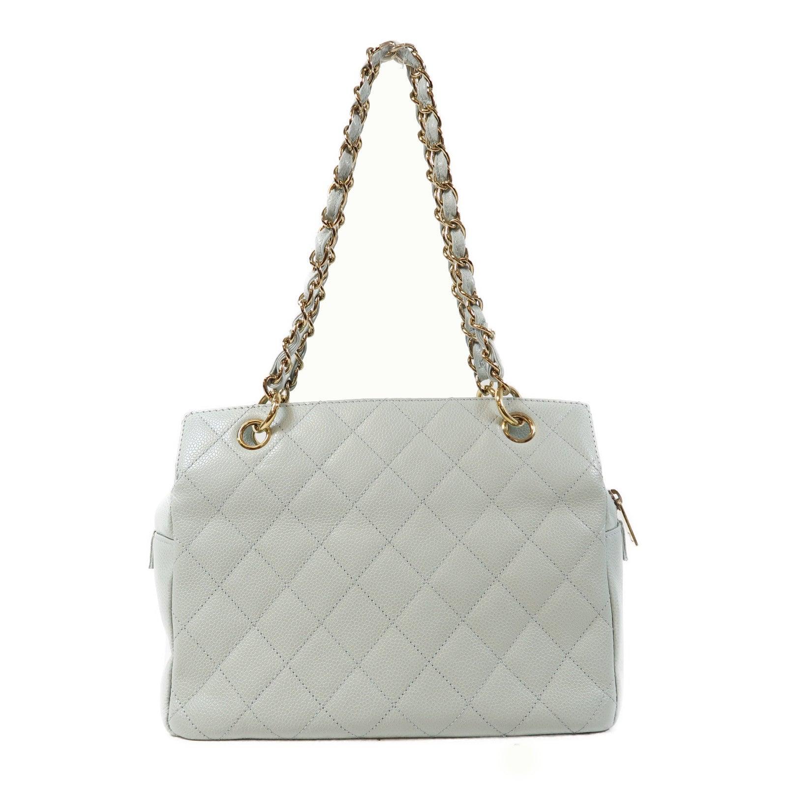 CHANEL 菱格Caviar皮革Vintage Shoulder Bag金扣鏈帶肩背袋淺藍色