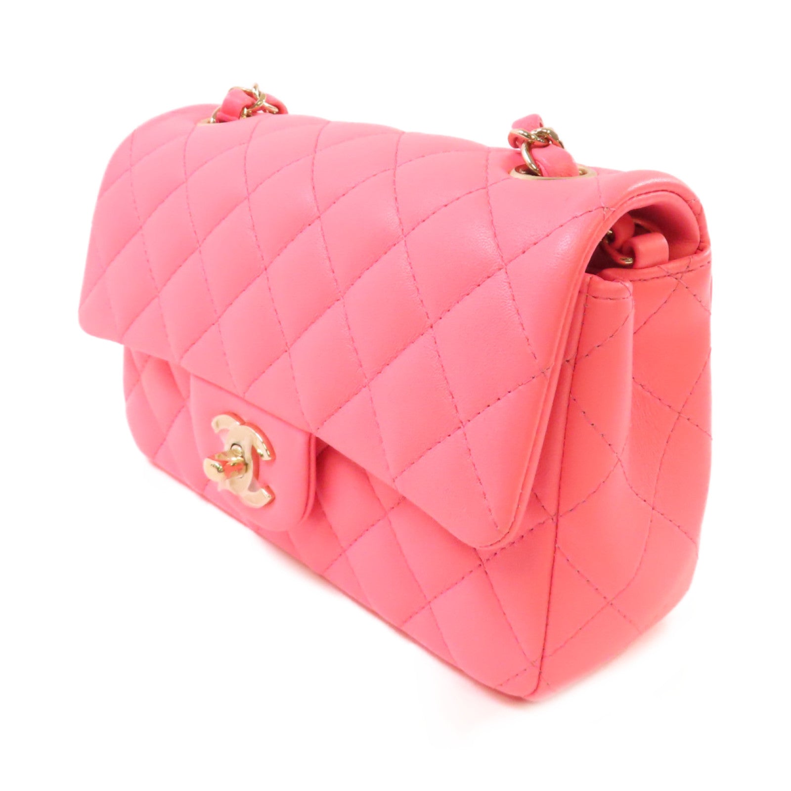 CHANEL 菱格羊皮皮革Classic Flap 20cm Chain Shoulder Bag金扣鏈帶肩背袋粉紅色