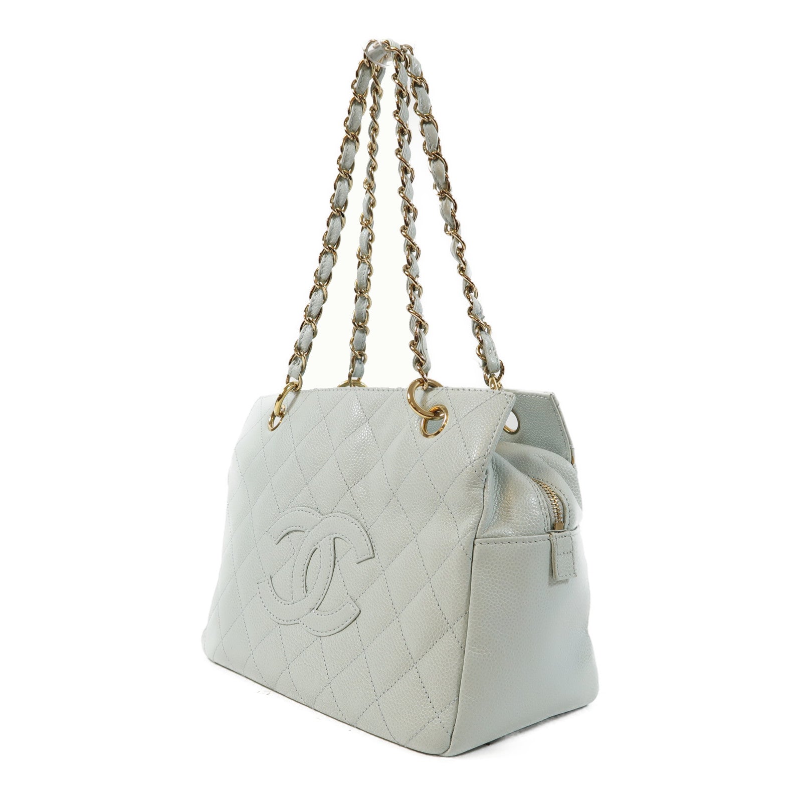 CHANEL 菱格Caviar皮革Vintage Shoulder Bag金扣鏈帶肩背袋淺藍色