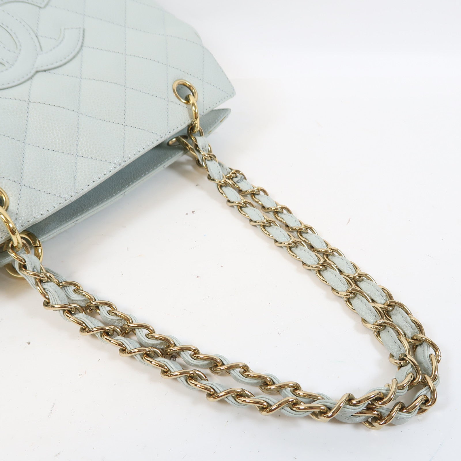 CHANEL 菱格Caviar皮革Vintage Shoulder Bag金扣鏈帶肩背袋淺藍色
