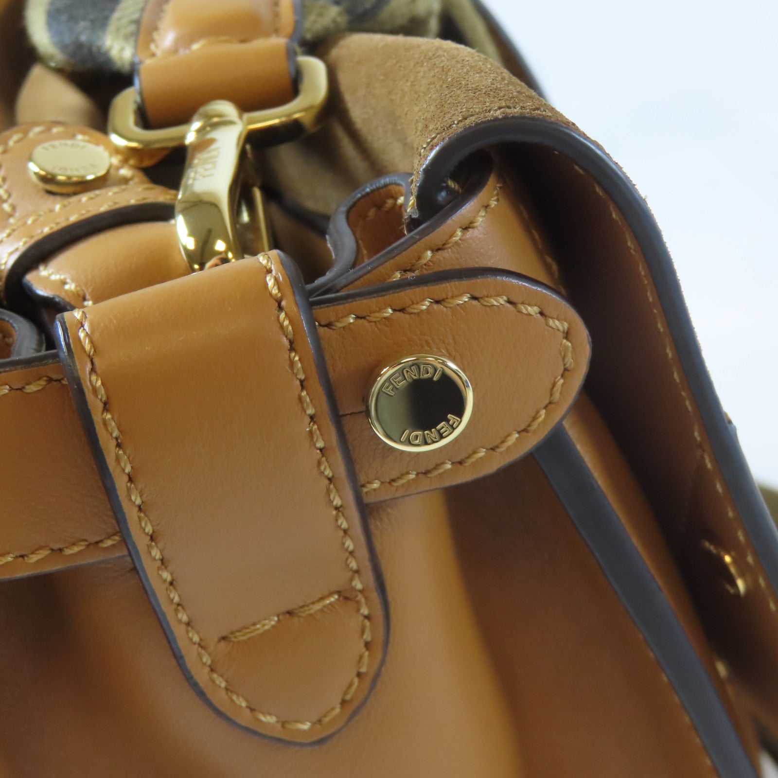 FENDI 牛皮皮革/麂皮皮革Flip Tote Shoulder Bag金扣手挽肩背兩用袋啡色