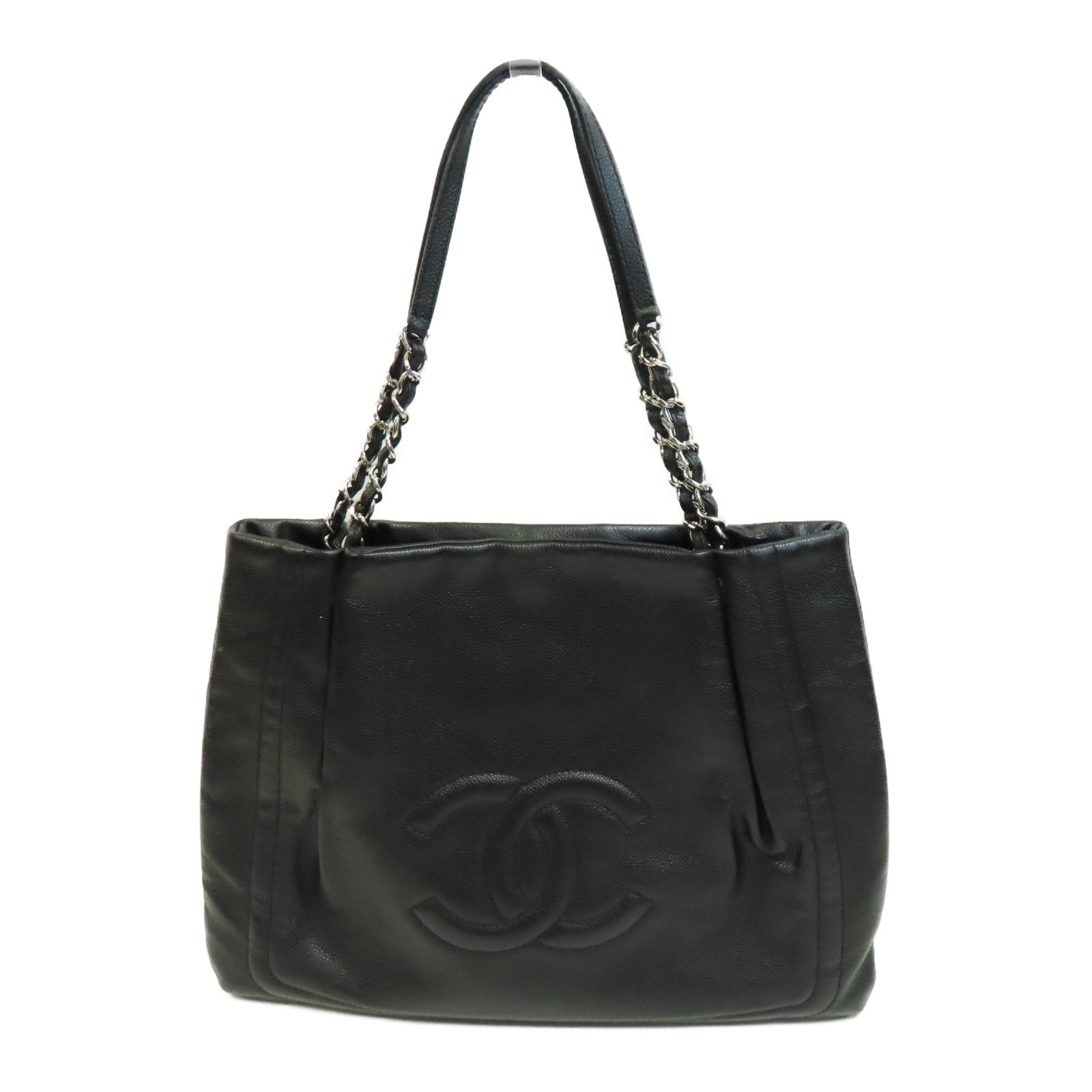 CHANEL Caviar皮革Shoulder Bag銀扣鏈帶肩背袋黑色