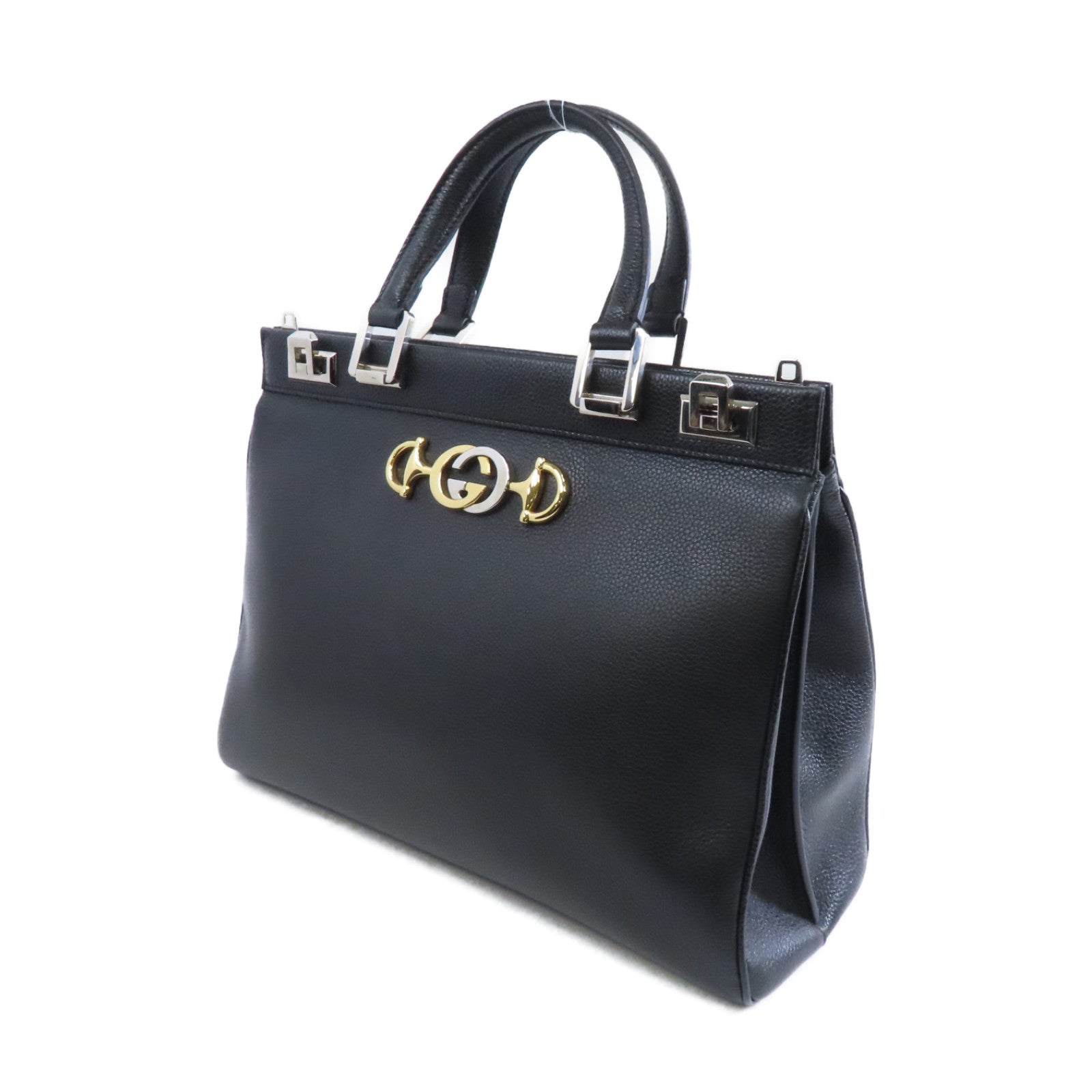 GUCCI 牛皮皮革Zumi銀扣手挽肩背兩用袋黑色