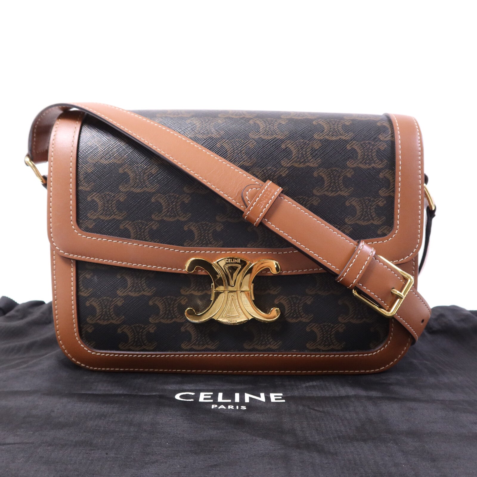 CELINE 塗層帆布Teen Triomphe Bag金扣肩背袋