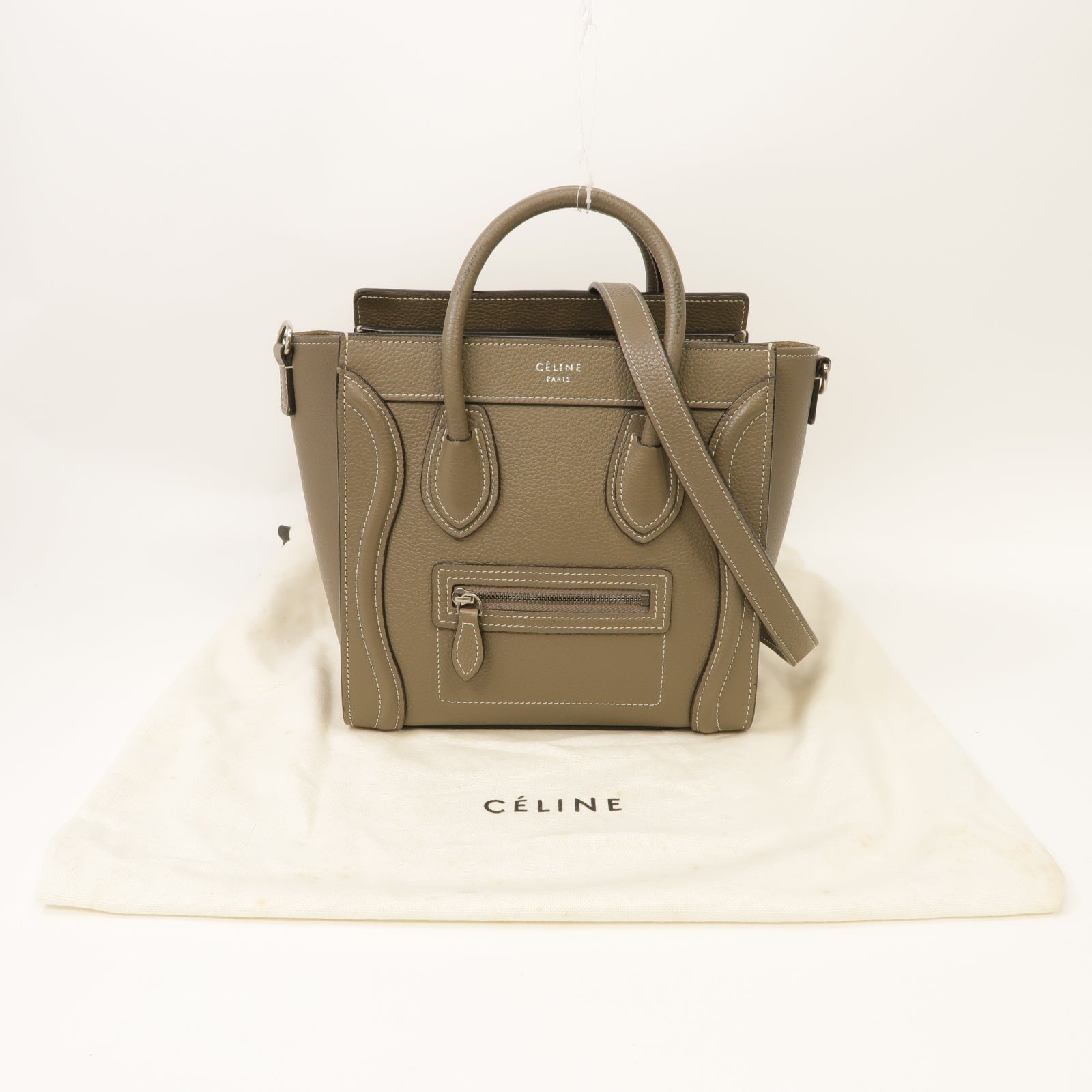 CELINE 【激減優惠】牛皮皮革Nano Luggage銀扣手挽肩背兩用袋米灰色