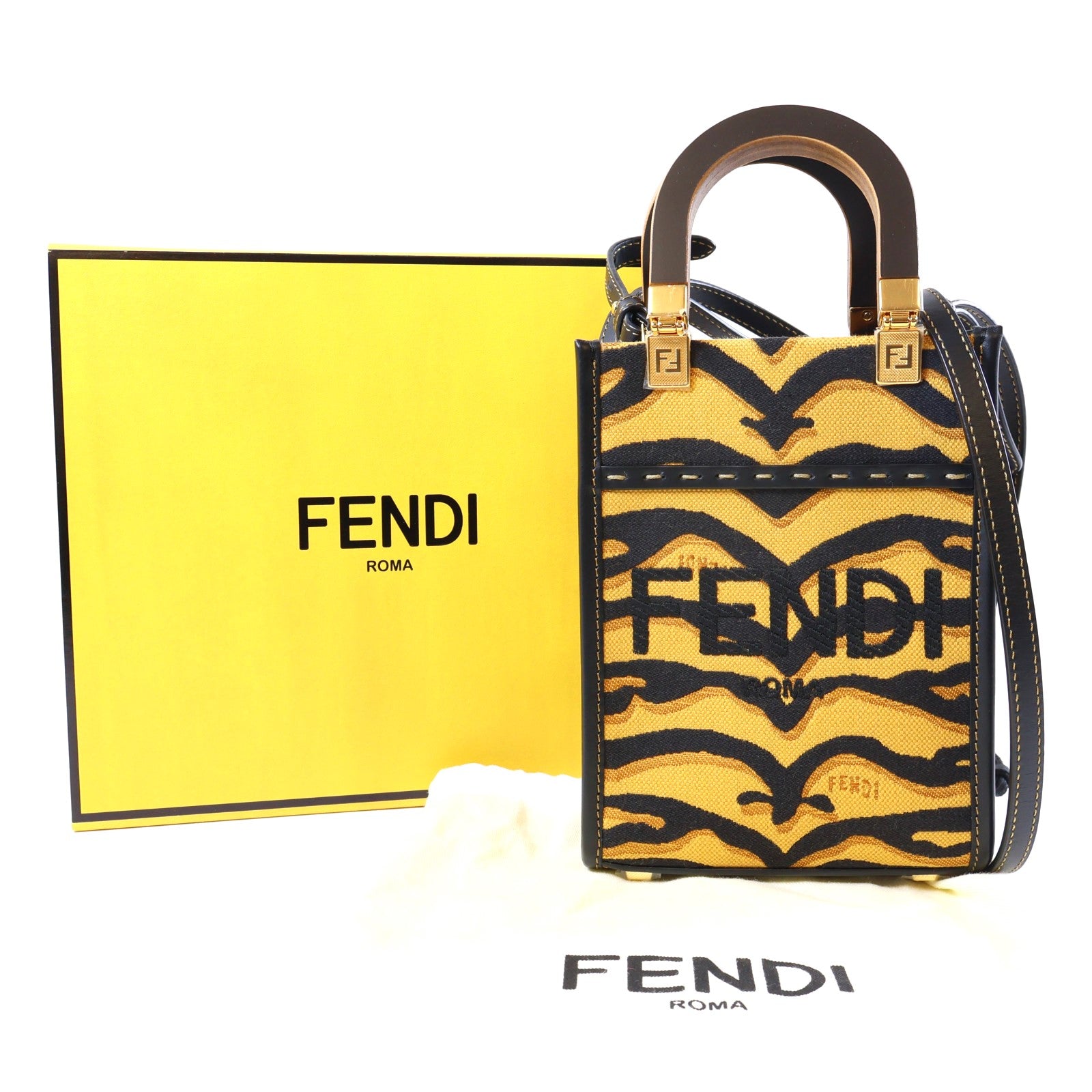 FENDI GHW Mini Sunshine Shopper 2 Way Bag 8BS051 Leather/Canvas Brown/Black