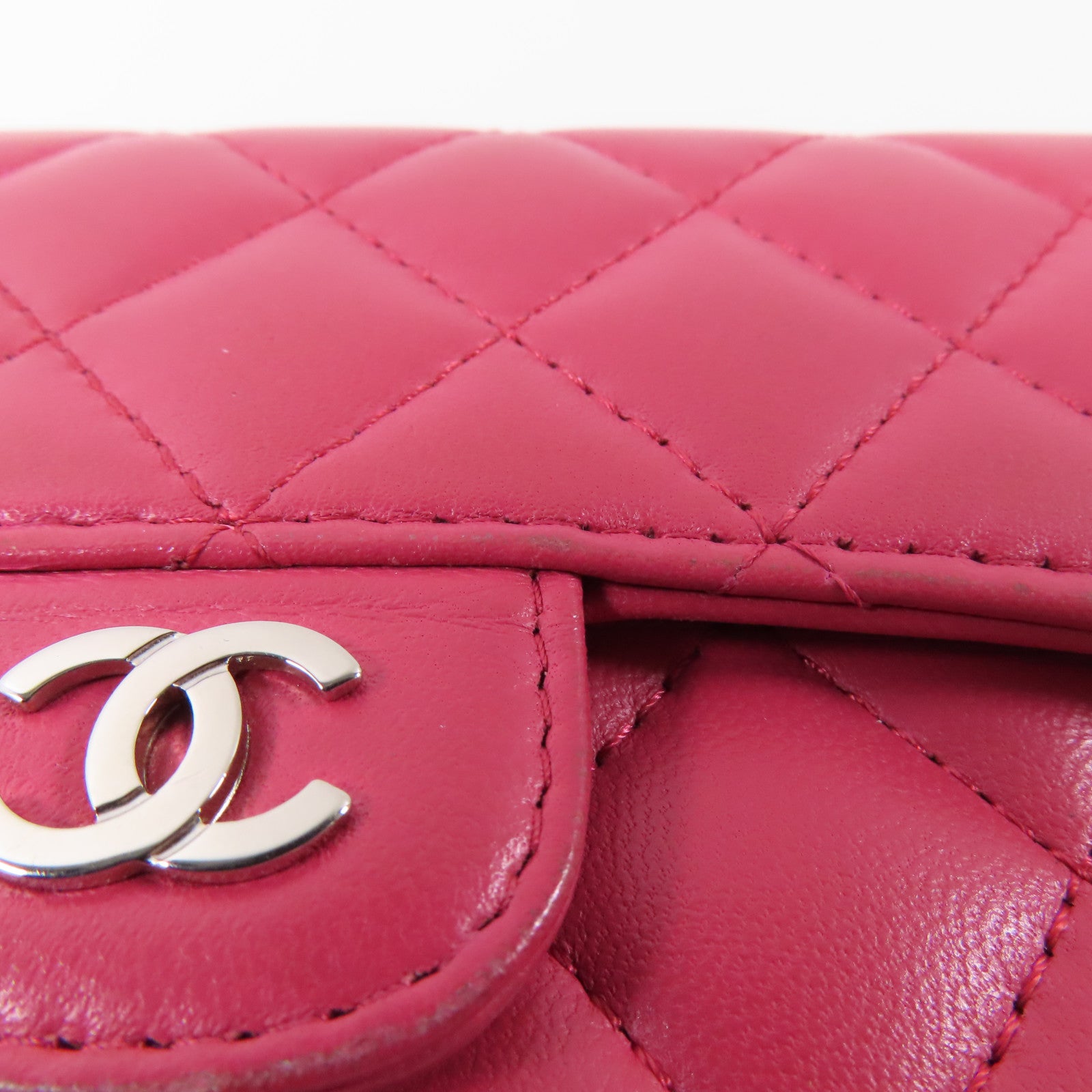 CHANEL 羊皮皮革Wallet銀扣長錢包粉紅色