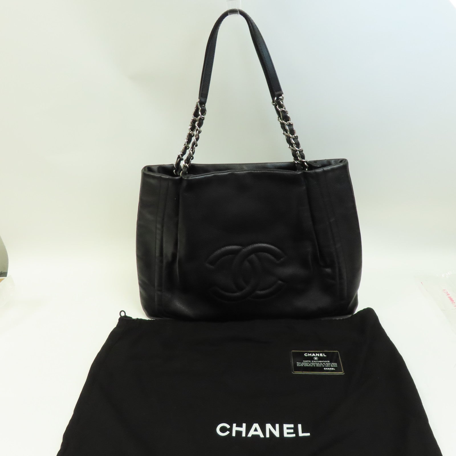 CHANEL Caviar皮革Shoulder Bag銀扣鏈帶肩背袋黑色