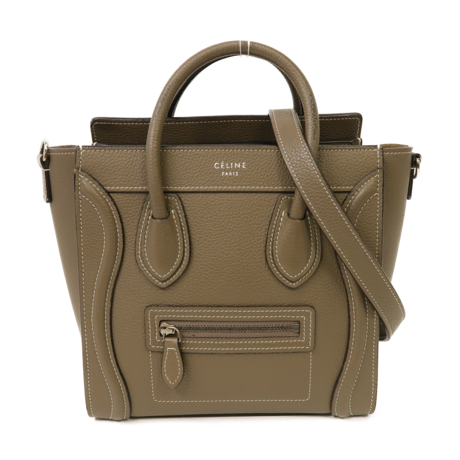 CELINE 【激減優惠】牛皮皮革Nano Luggage銀扣手挽肩背兩用袋米灰色