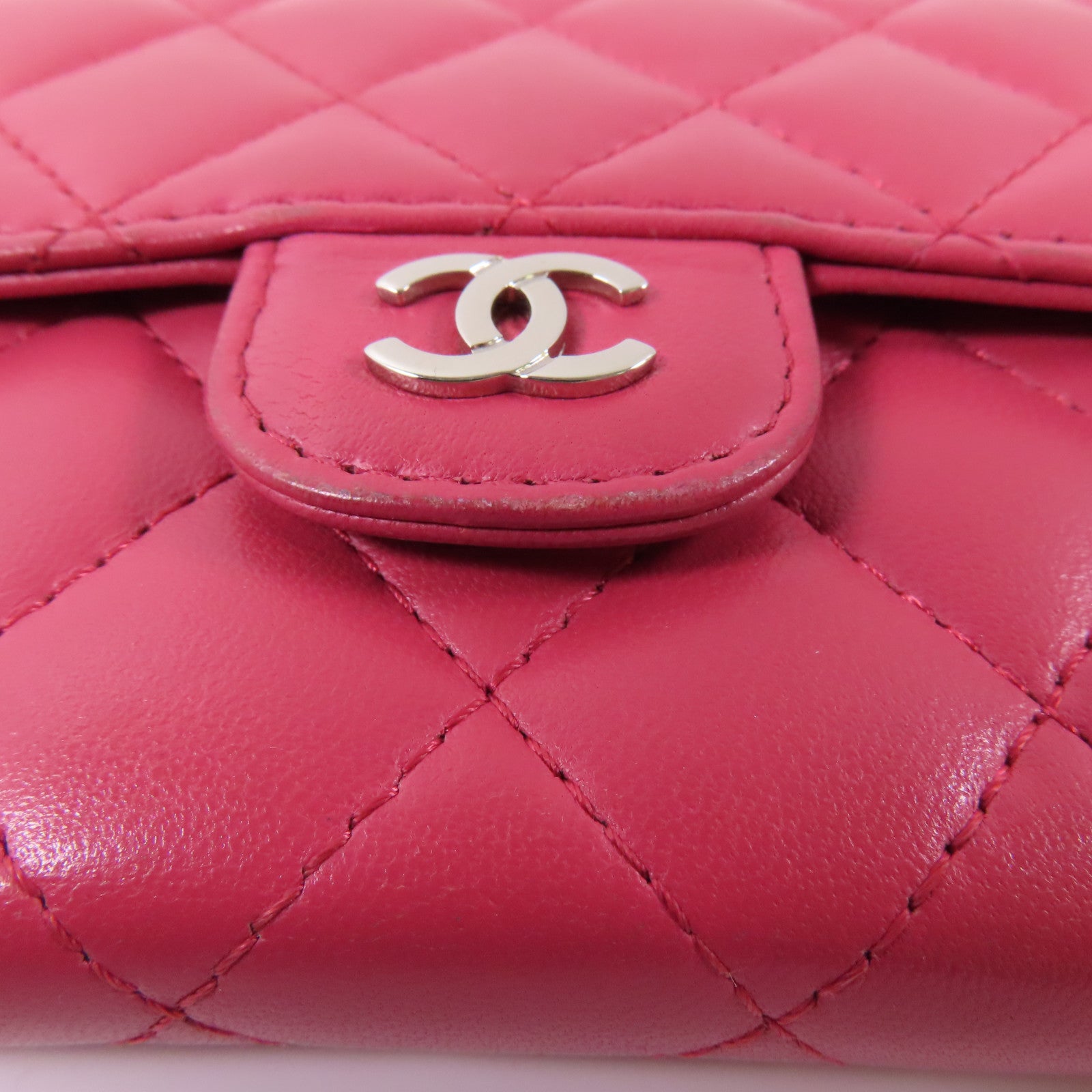 CHANEL 羊皮皮革Wallet銀扣長錢包粉紅色