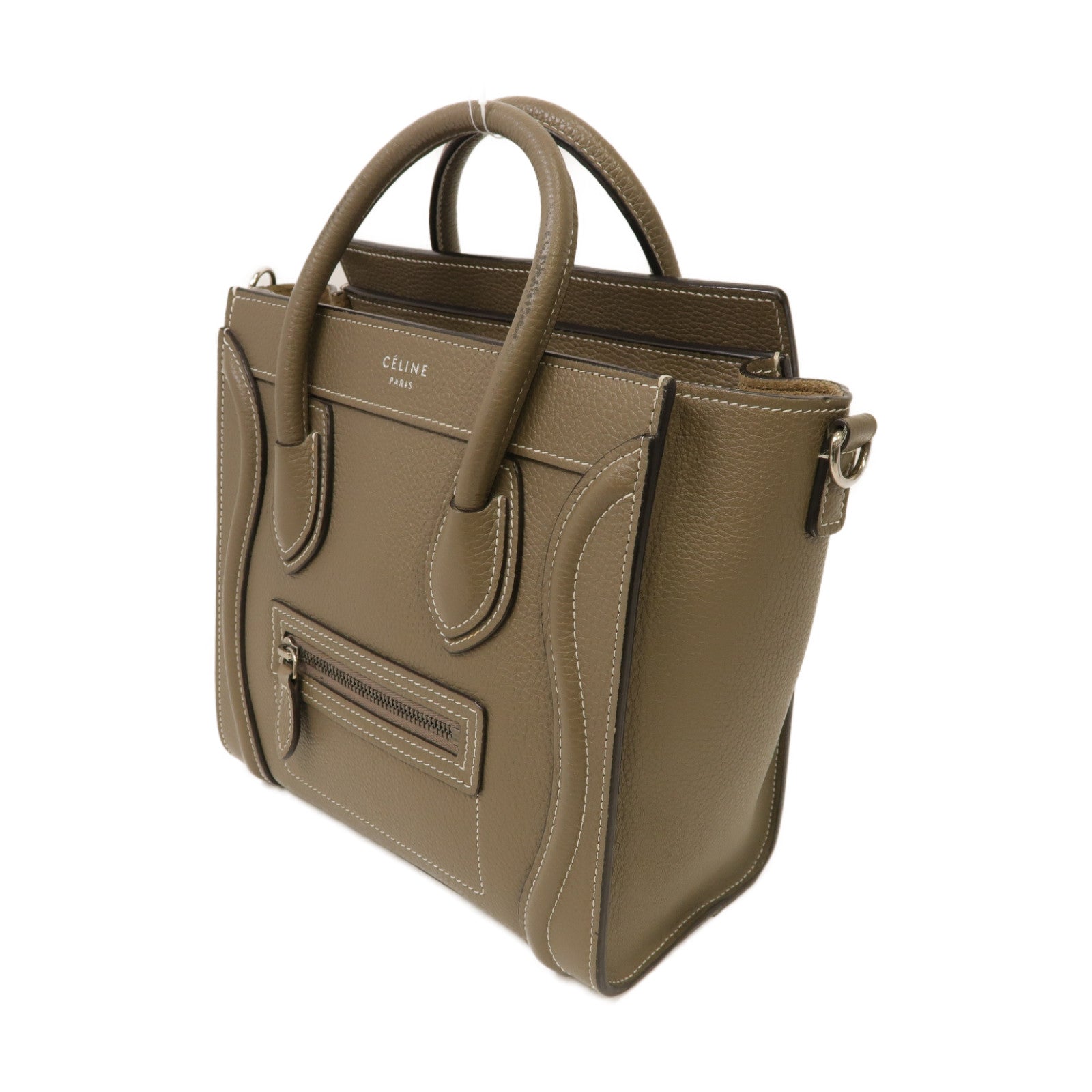 CELINE 【激減優惠】牛皮皮革Nano Luggage銀扣手挽肩背兩用袋米灰色