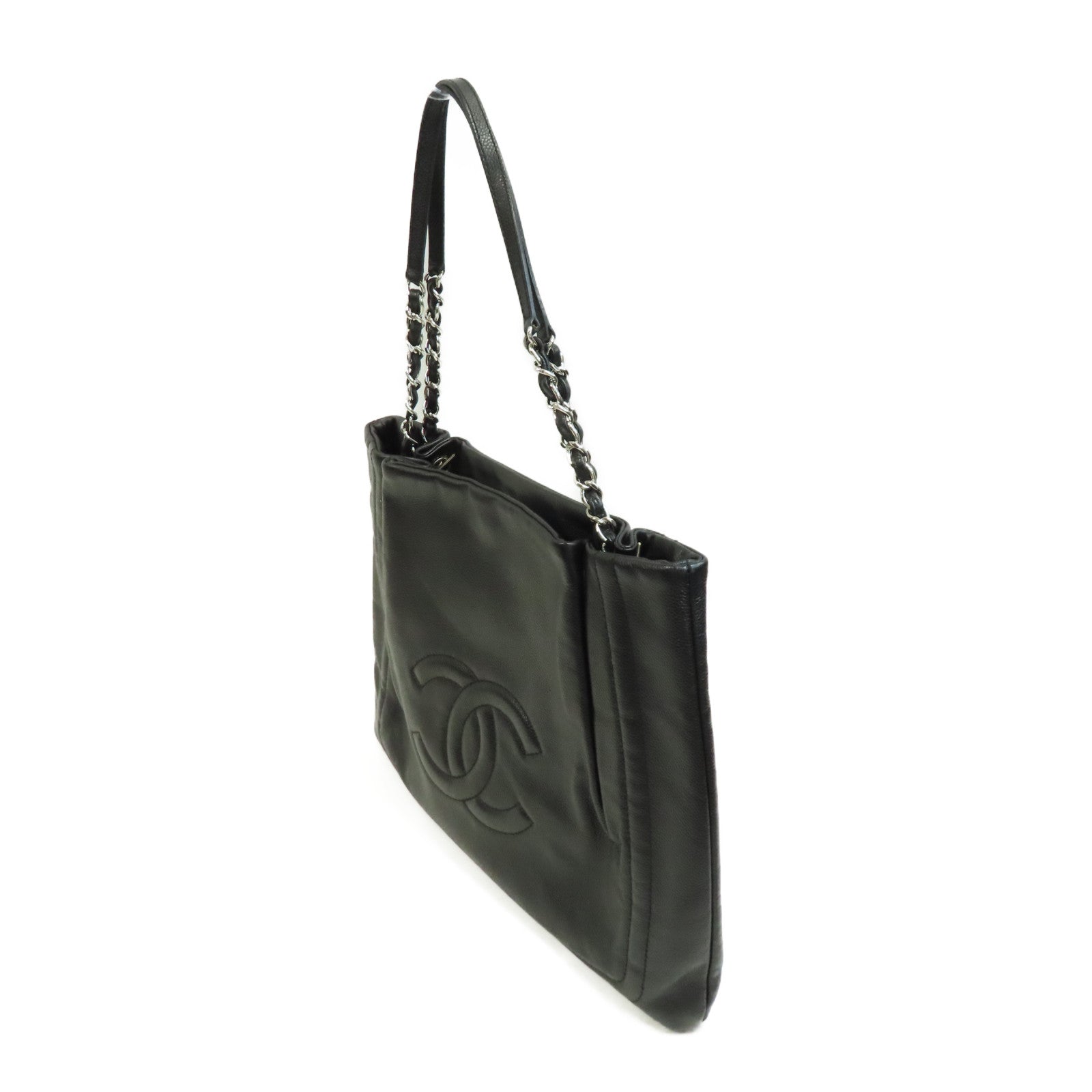 CHANEL Caviar皮革Shoulder Bag銀扣鏈帶肩背袋黑色