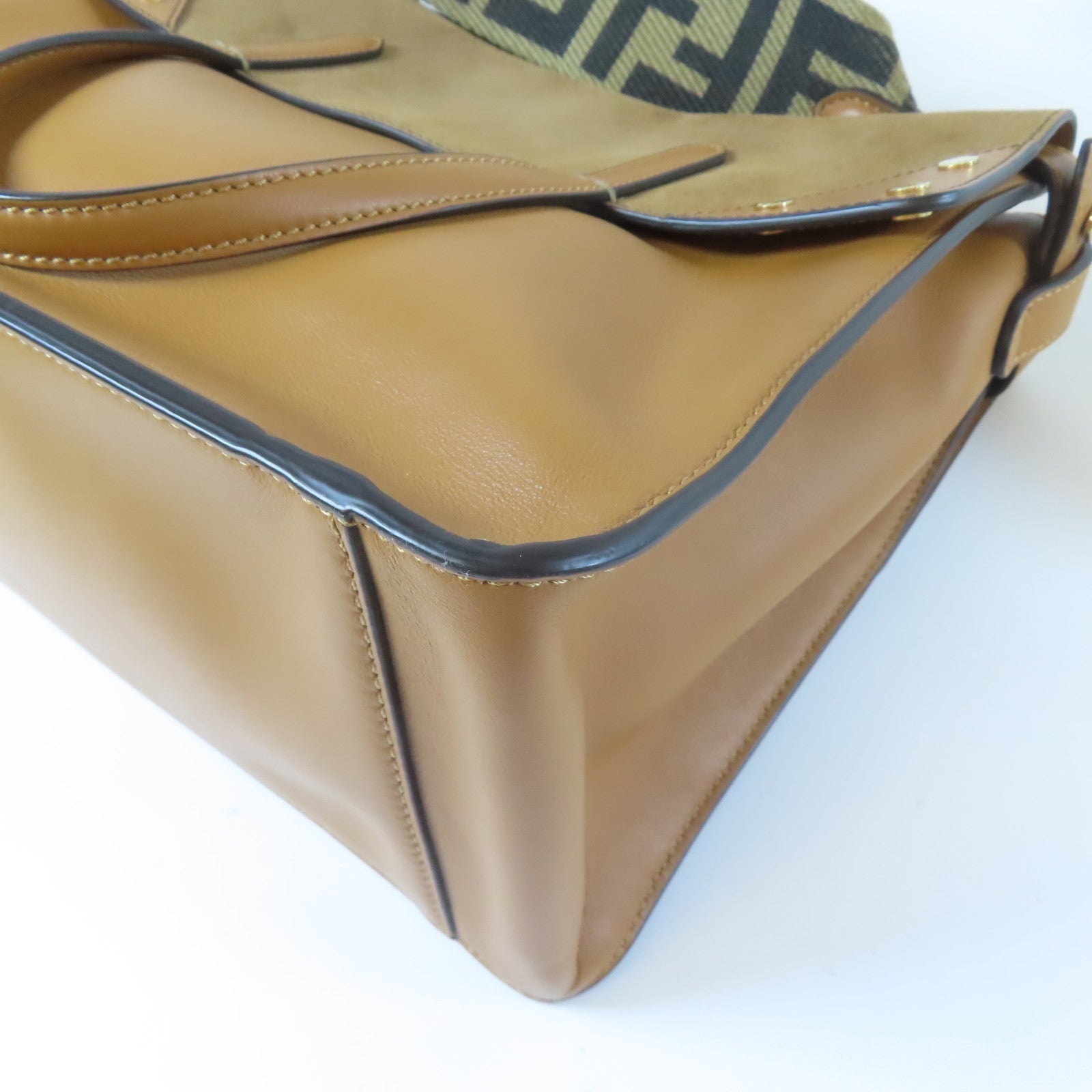 FENDI 牛皮皮革/麂皮皮革Flip Tote Shoulder Bag金扣手挽肩背兩用袋啡色