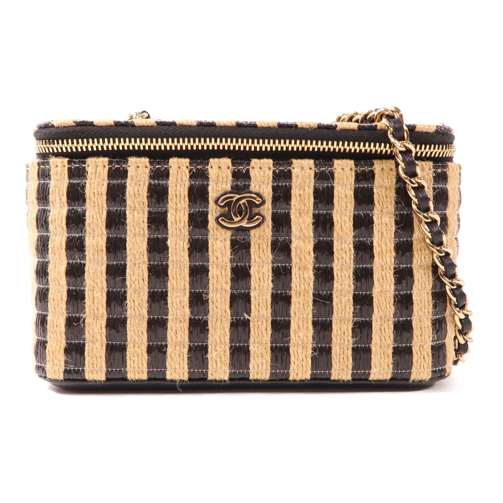 CHANEL Raffia Vanity Case金扣鏈帶肩背袋