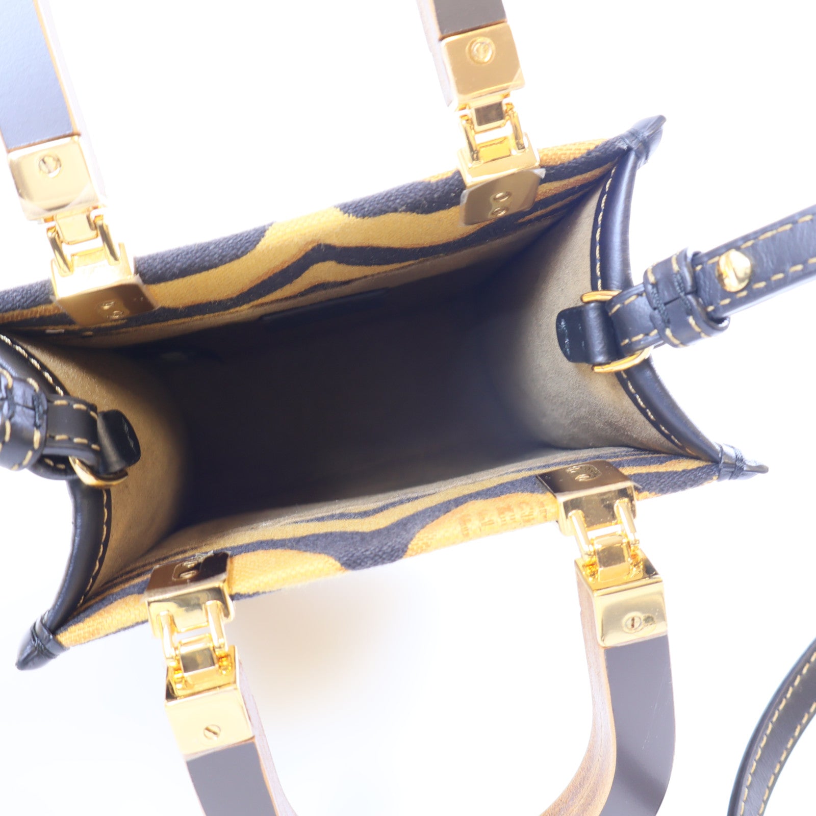 FENDI 【激減優惠】皮革/帆布Mini Sunshine Shopper金扣手挽肩背兩用袋棕色/黑色