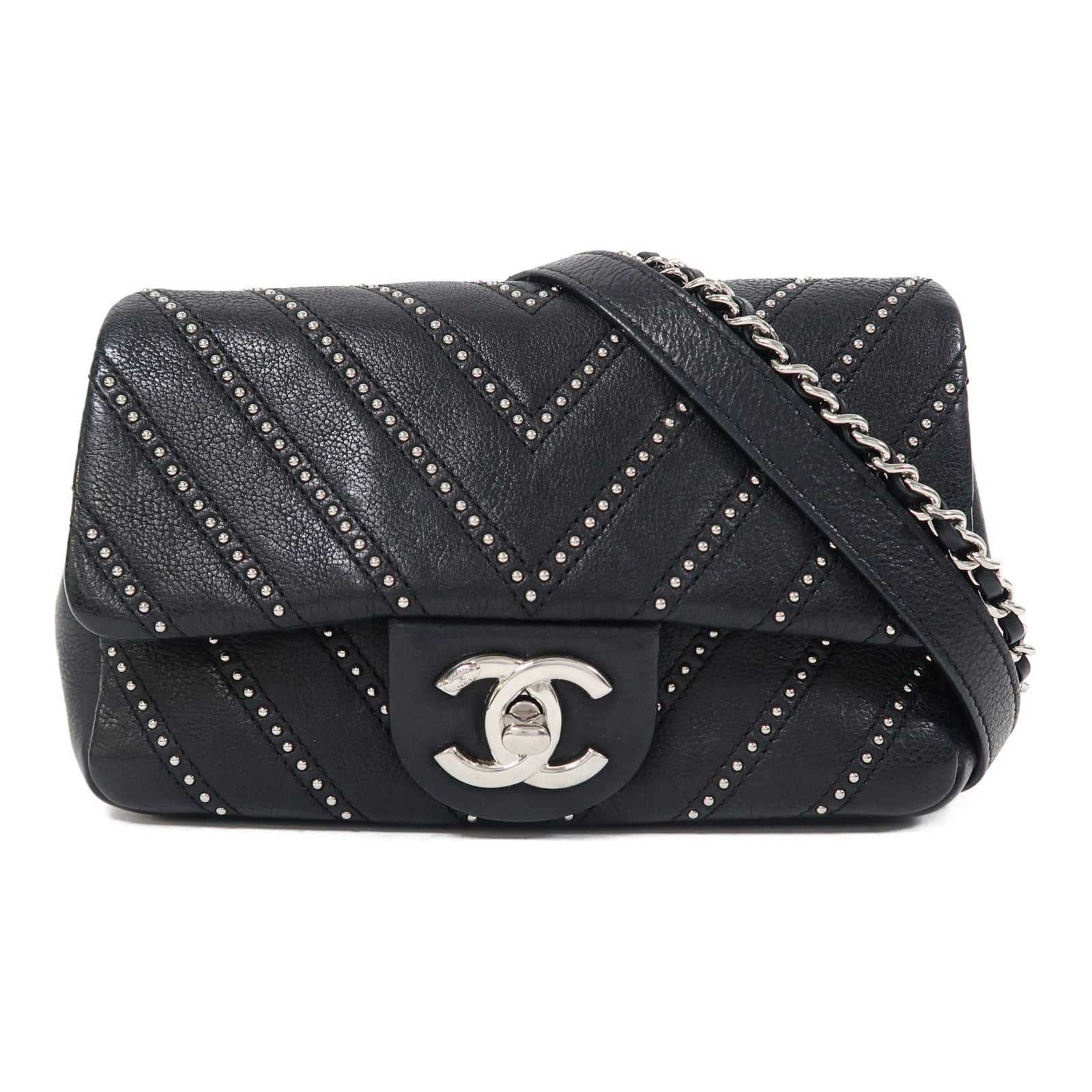 CHANEL 【激減優惠】斜紋羊皮皮革Chain Shoulder Bag銀扣鏈帶肩背袋黑色