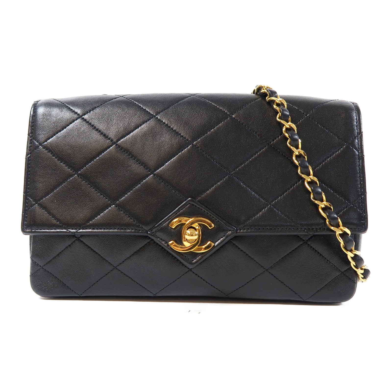 CHANEL 菱格羊皮皮革Vintage Chain Shoulder金扣鏈帶肩背袋黑色