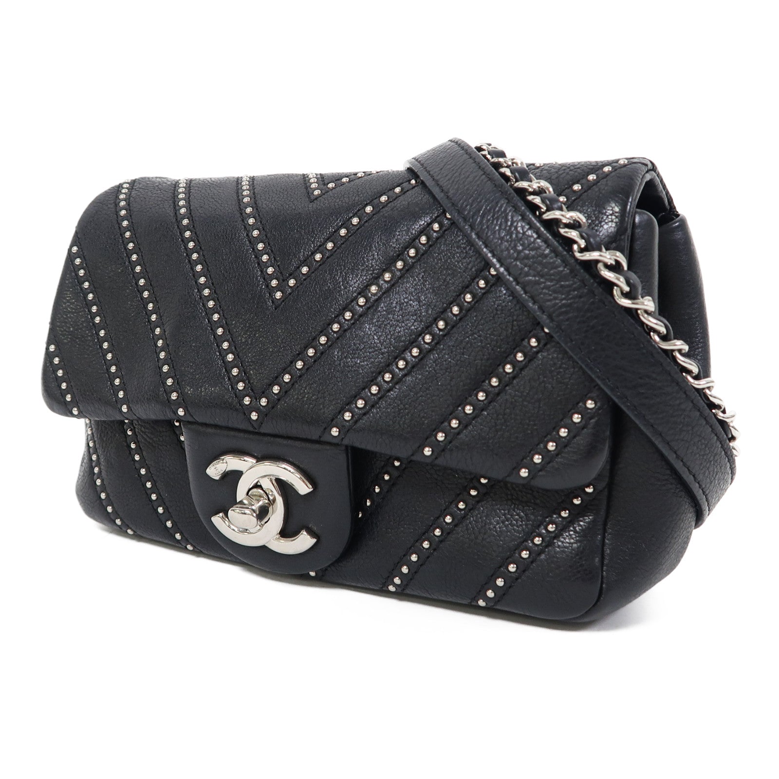 CHANEL 【激減優惠】斜紋羊皮皮革Chain Shoulder Bag銀扣鏈帶肩背袋黑色