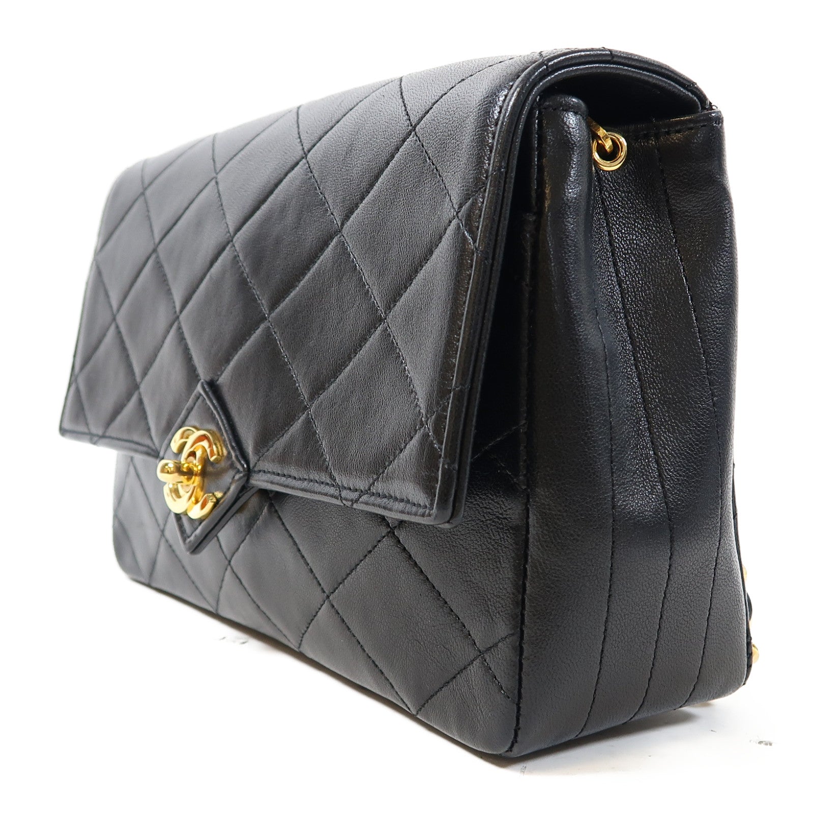CHANEL 菱格羊皮皮革Vintage Chain Shoulder金扣鏈帶肩背袋黑色