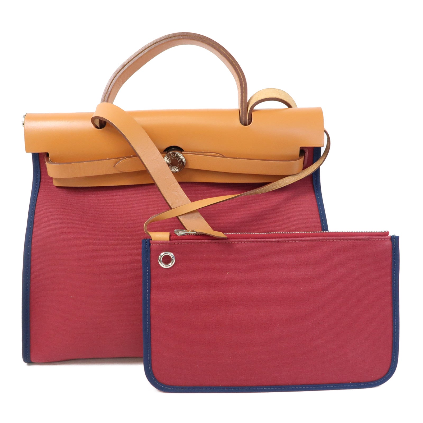 HERMES 帆布Herbag GM銀扣手挽肩背兩用袋紅色