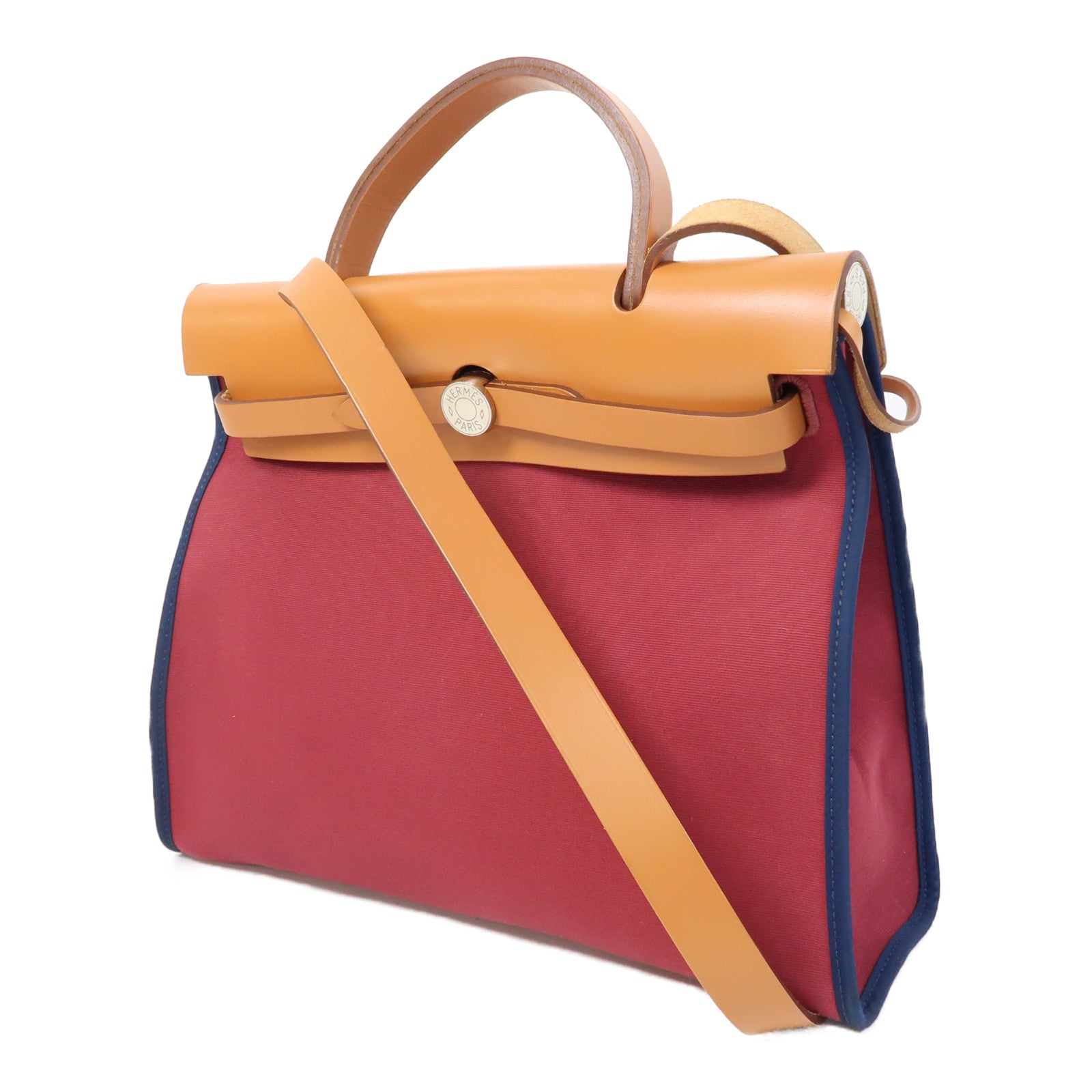 HERMES 帆布Herbag GM銀扣手挽肩背兩用袋紅色