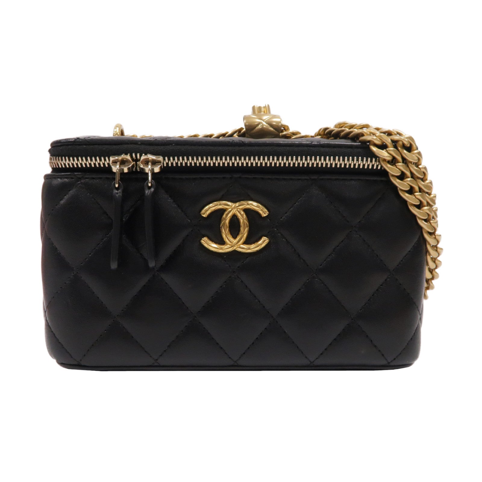 CHANEL 菱格羊皮皮革Vanity Case金扣鏈帶肩背袋黑色