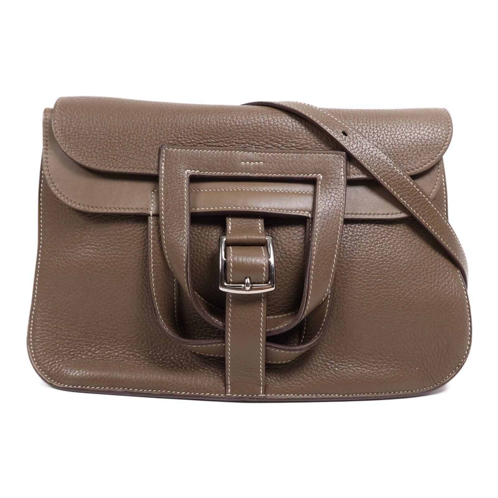 HERMES Clemence皮革Halzan 31銀扣手挽肩背兩用袋Etoupe