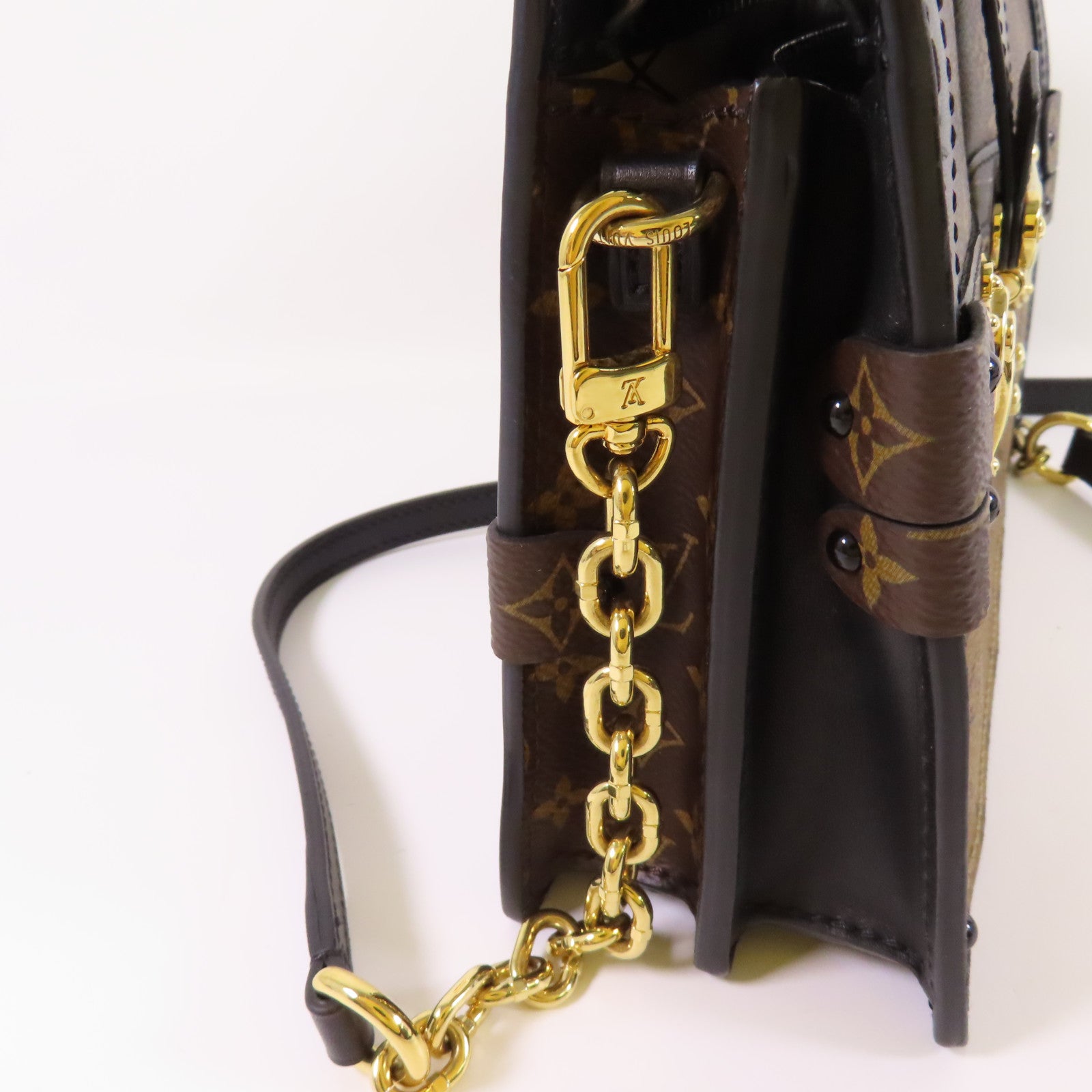 LOUIS VUITTON Monogram Reverse Trunk Clutch金扣肩背袋棕色