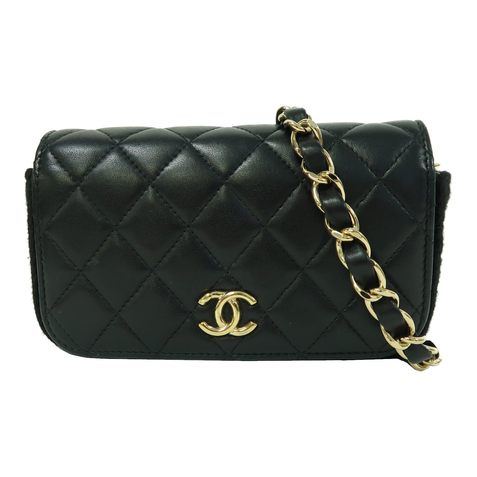 CHANEL 菱格羊皮皮革Chain Shoulder金扣鏈帶肩背袋黑色