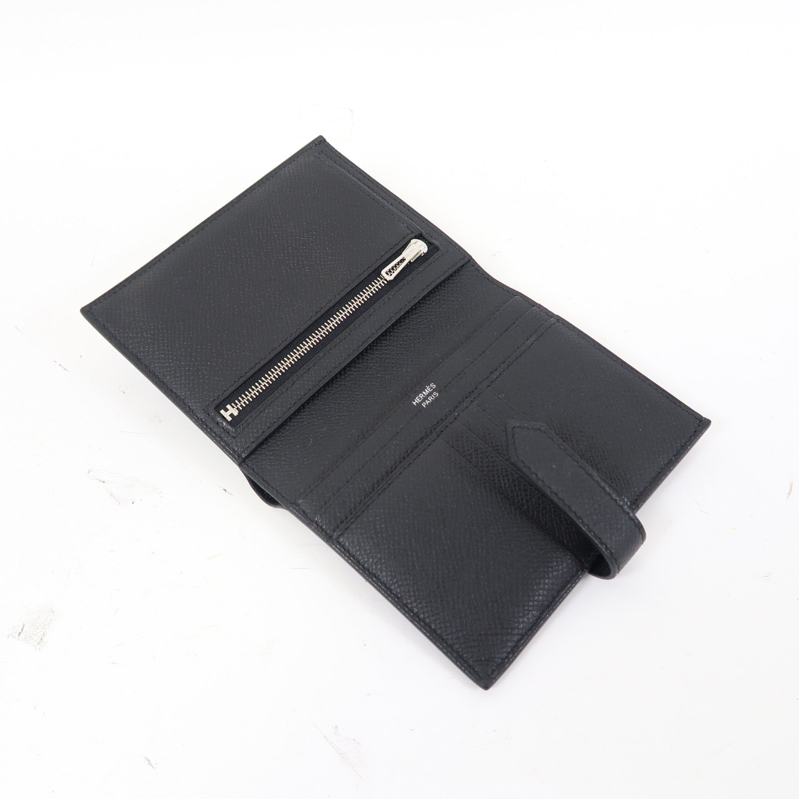 HERMES Epsom皮革Bearn Compact Wallet銀扣錢包黑色