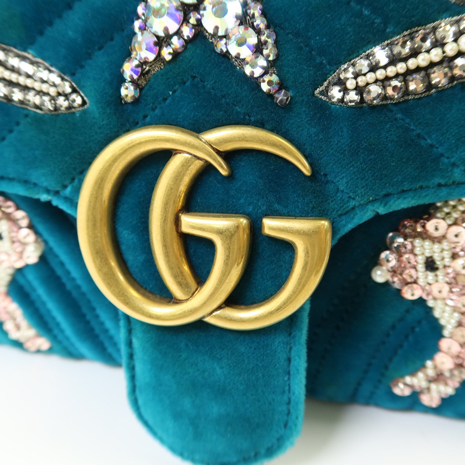 GUCCI 天鵝絨GG Marmont金扣鏈帶肩背袋