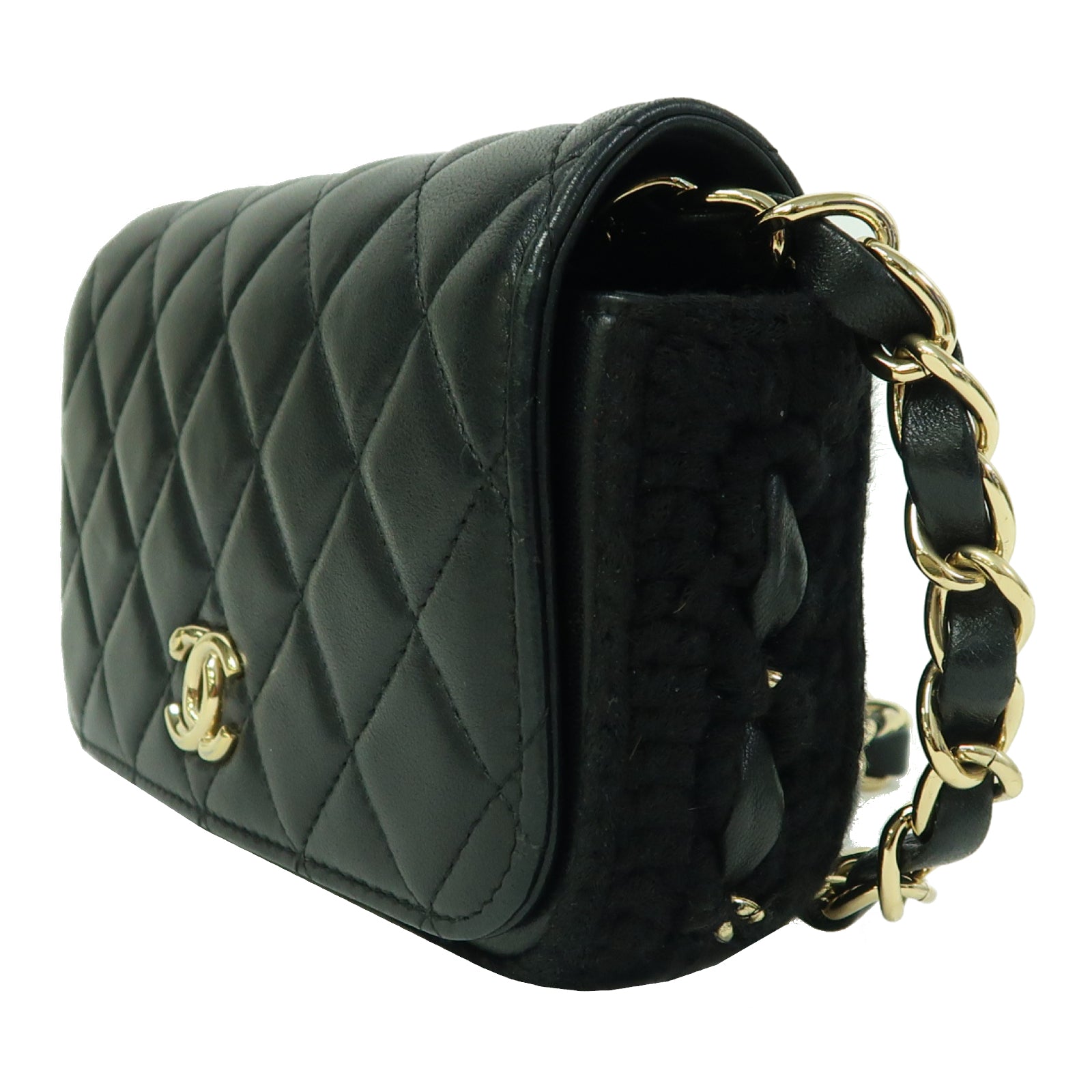 CHANEL 菱格羊皮皮革Chain Shoulder金扣鏈帶肩背袋黑色