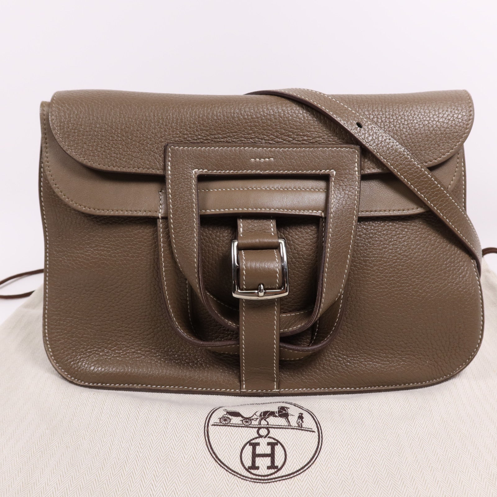 HERMES Clemence皮革Halzan 31銀扣手挽肩背兩用袋Etoupe