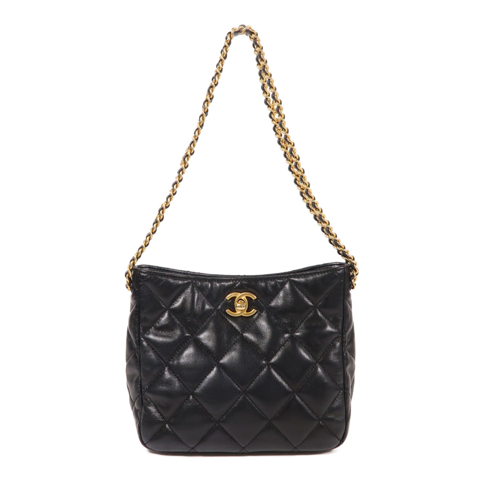 CHANEL 羊皮皮革Hobo Bag金扣鏈帶肩背袋黑色