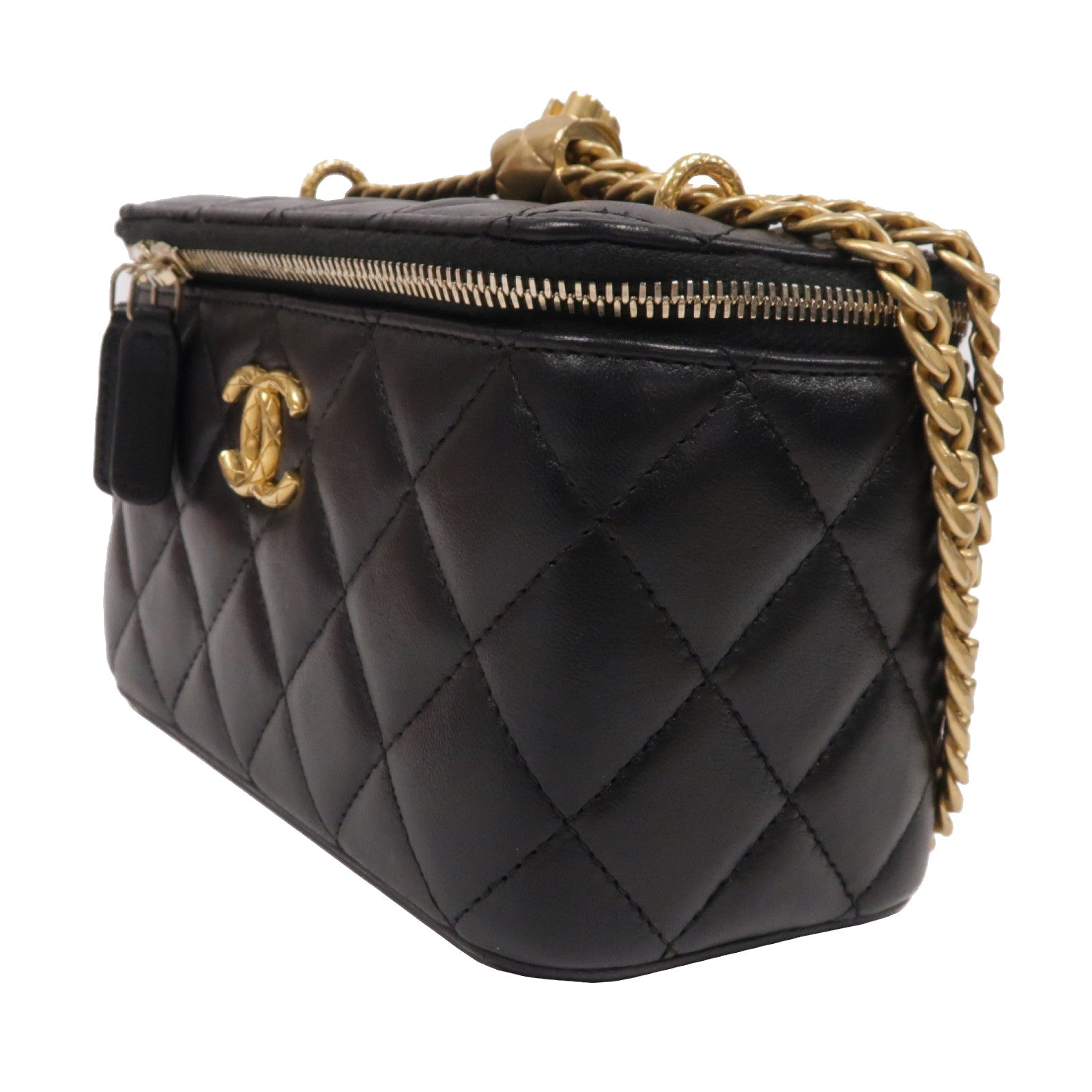 CHANEL 菱格羊皮皮革Vanity Case金扣鏈帶肩背袋黑色