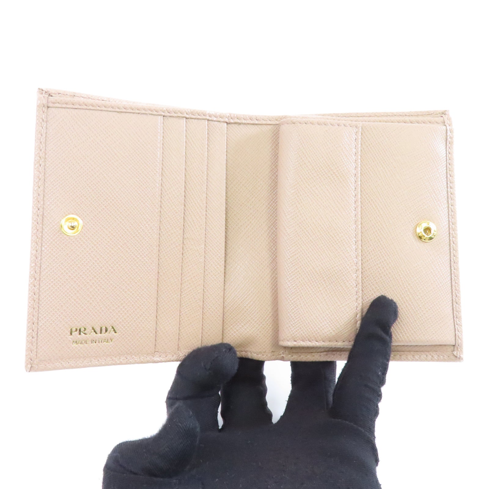 PRADA 牛皮皮革Wallet金扣錢包米色