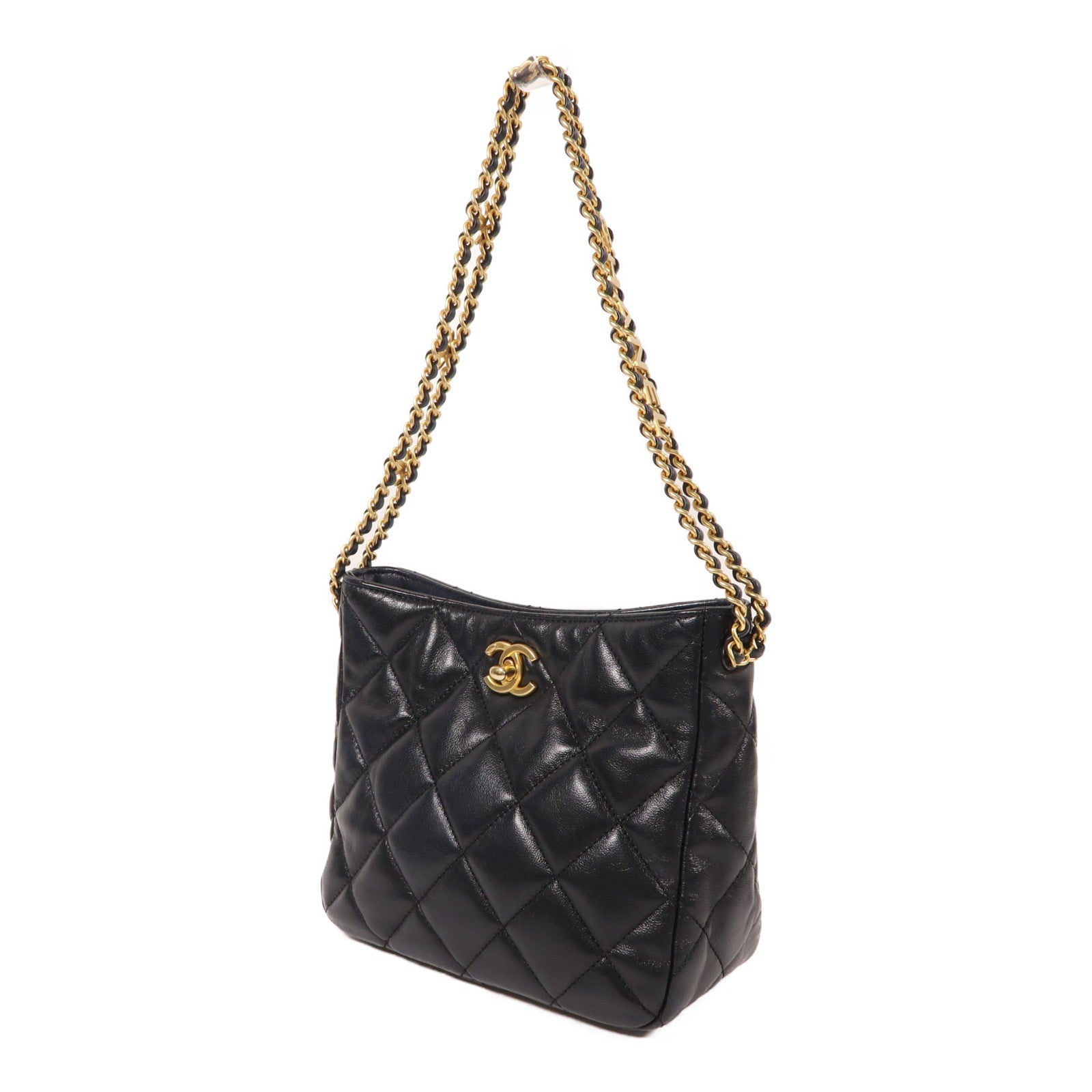 CHANEL 羊皮皮革Hobo Bag金扣鏈帶肩背袋黑色