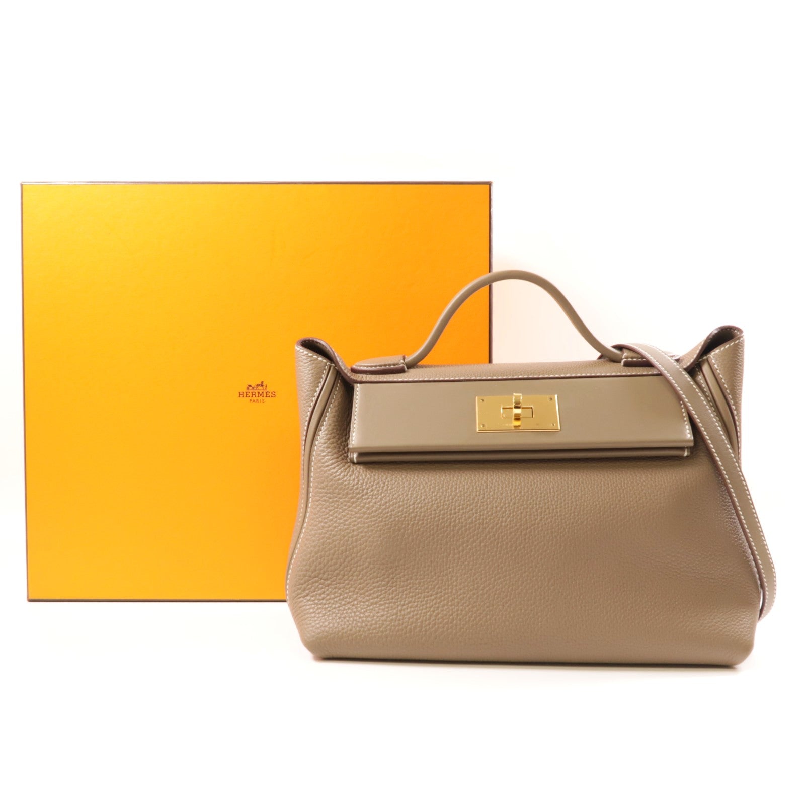 HERMES Togo皮革/Swift皮革24/24 29cm金扣手挽肩背兩用袋大象灰色
