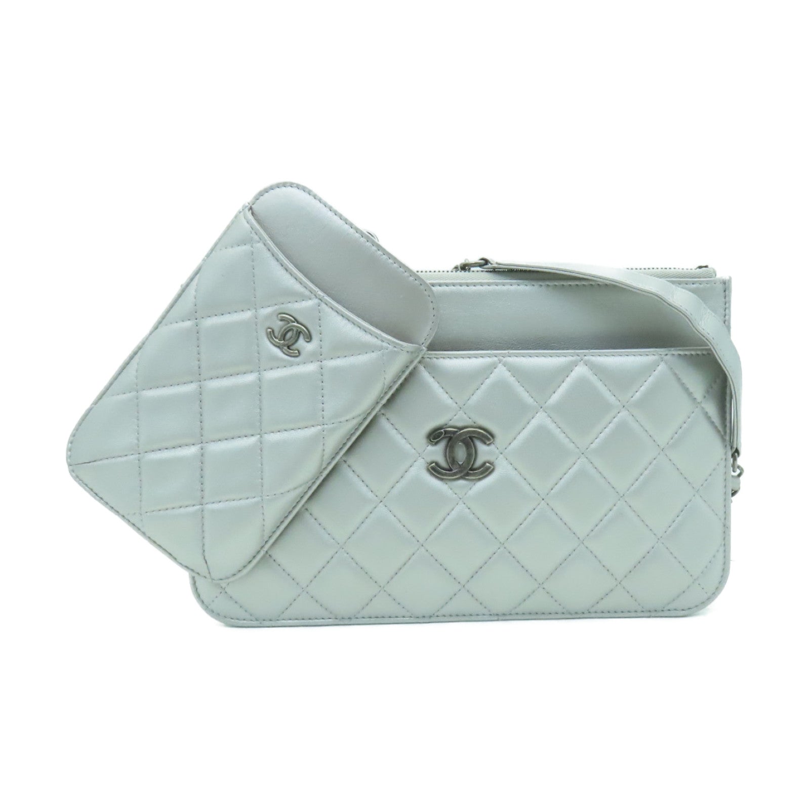 CHANEL **【激減優惠】菱格羊皮皮革Chain Shoulder Bag銀扣鏈帶肩背袋銀色