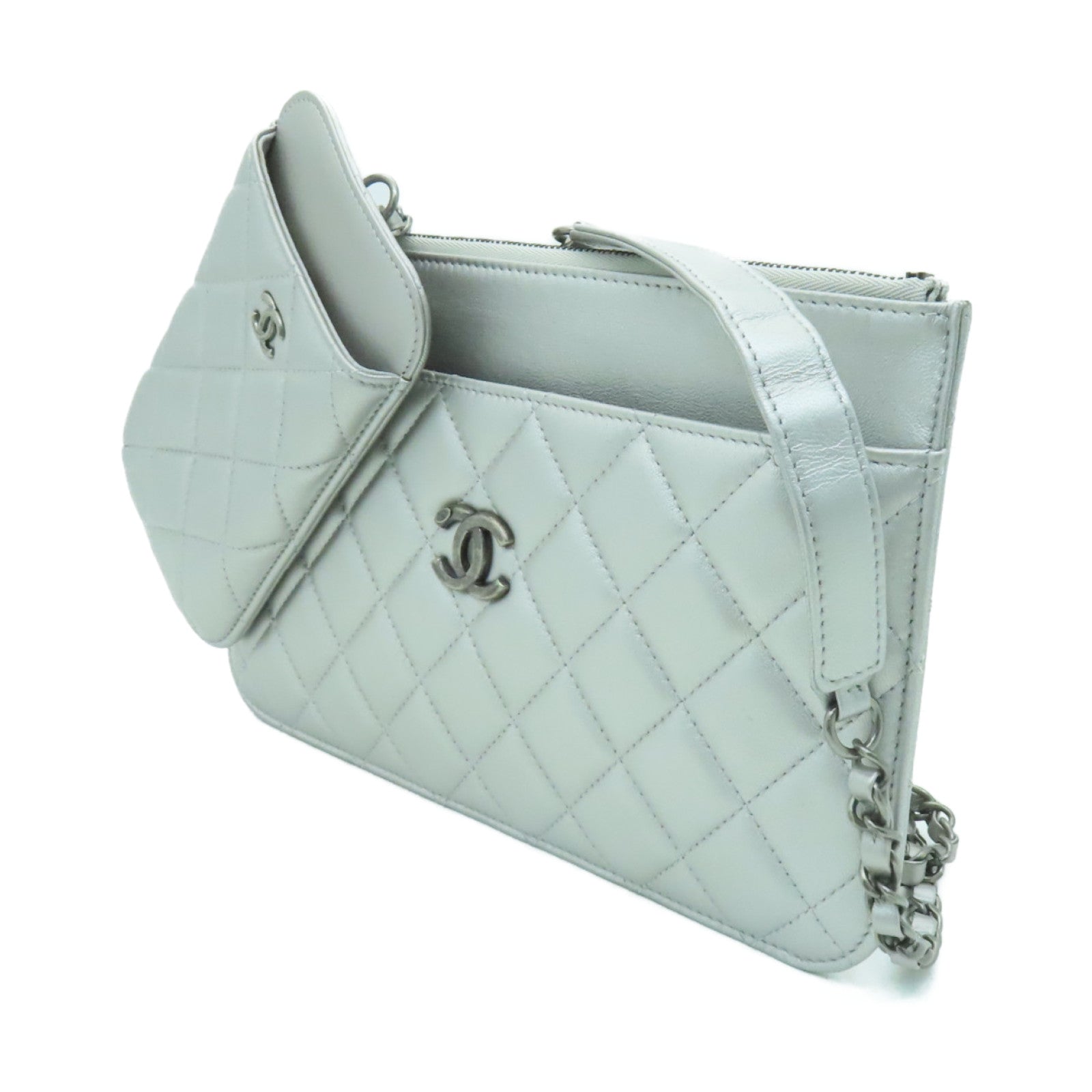 CHANEL **【激減優惠】菱格羊皮皮革Chain Shoulder Bag銀扣鏈帶肩背袋銀色