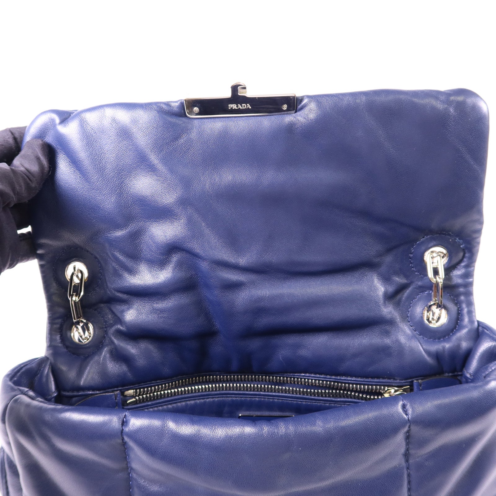 PRADA 羊皮皮革Chain Shoulder Bag銀扣鏈帶肩背袋