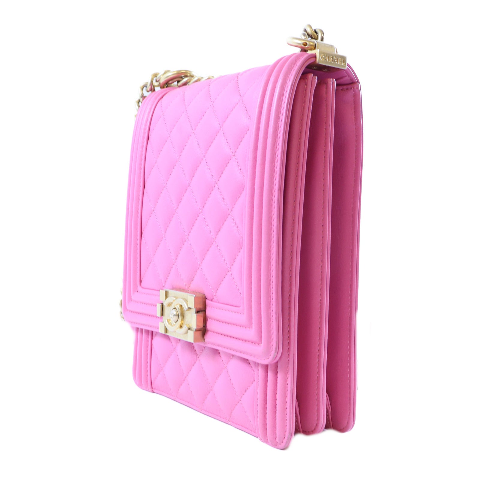 CHANEL 羊皮皮革Le Boy金扣肩背袋粉紅色