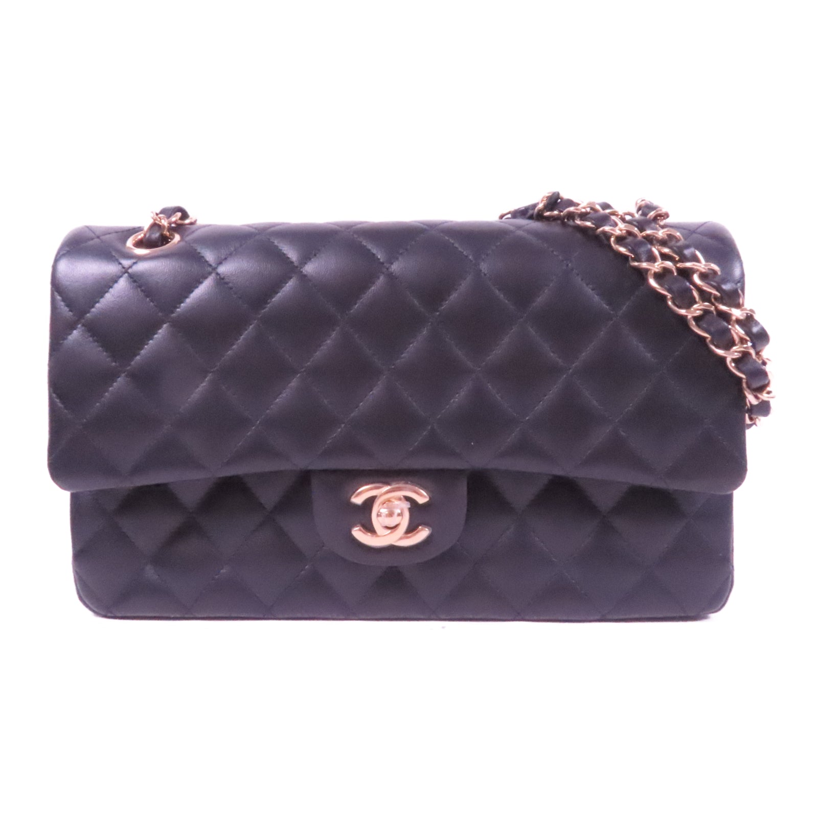 CHANEL 菱格羊皮皮革Classic 25金扣鏈帶肩背袋黑色