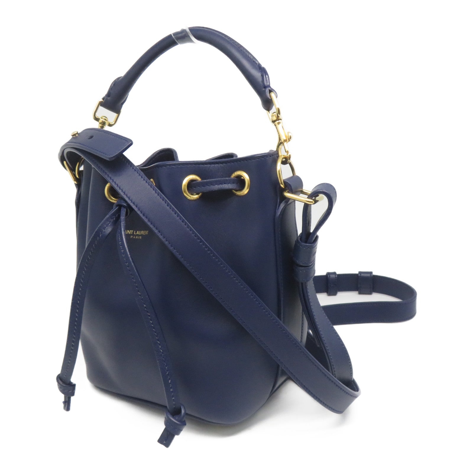 YVES SAINT LAURENT 【清倉大減價】牛皮皮革Bucket Bag金扣手挽肩背兩用袋藍色